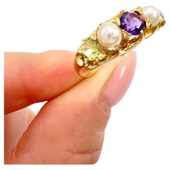 Antique 18ct Gold Edwardian Five Stone Amethyst Peridot & Pearl Suffragette Ring