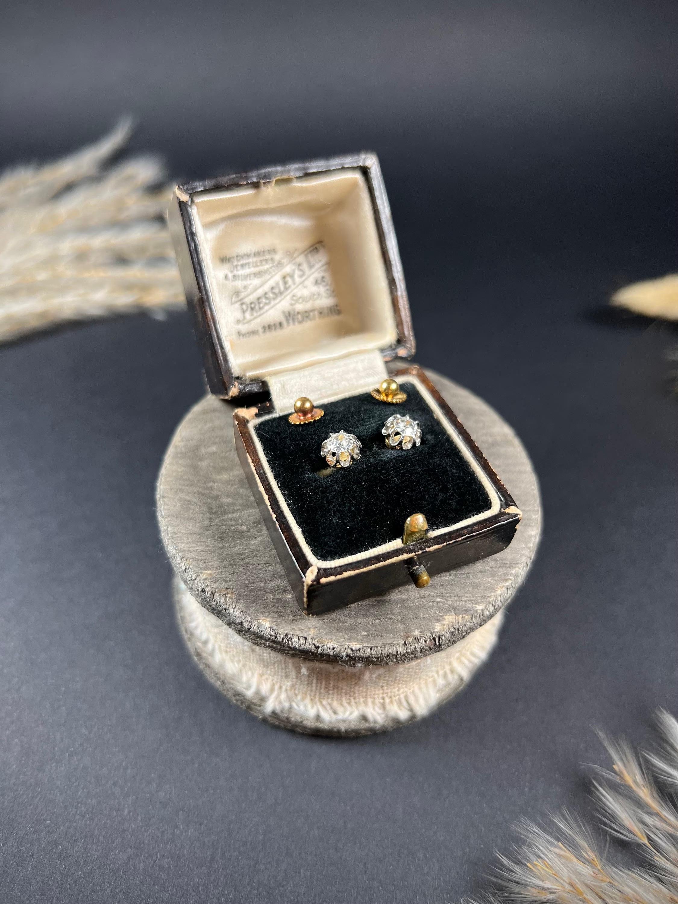 Women's or Men's Antique 18ct Gold, Edwardian French Stamped Diamond Dormeuse Stud Earrings For Sale