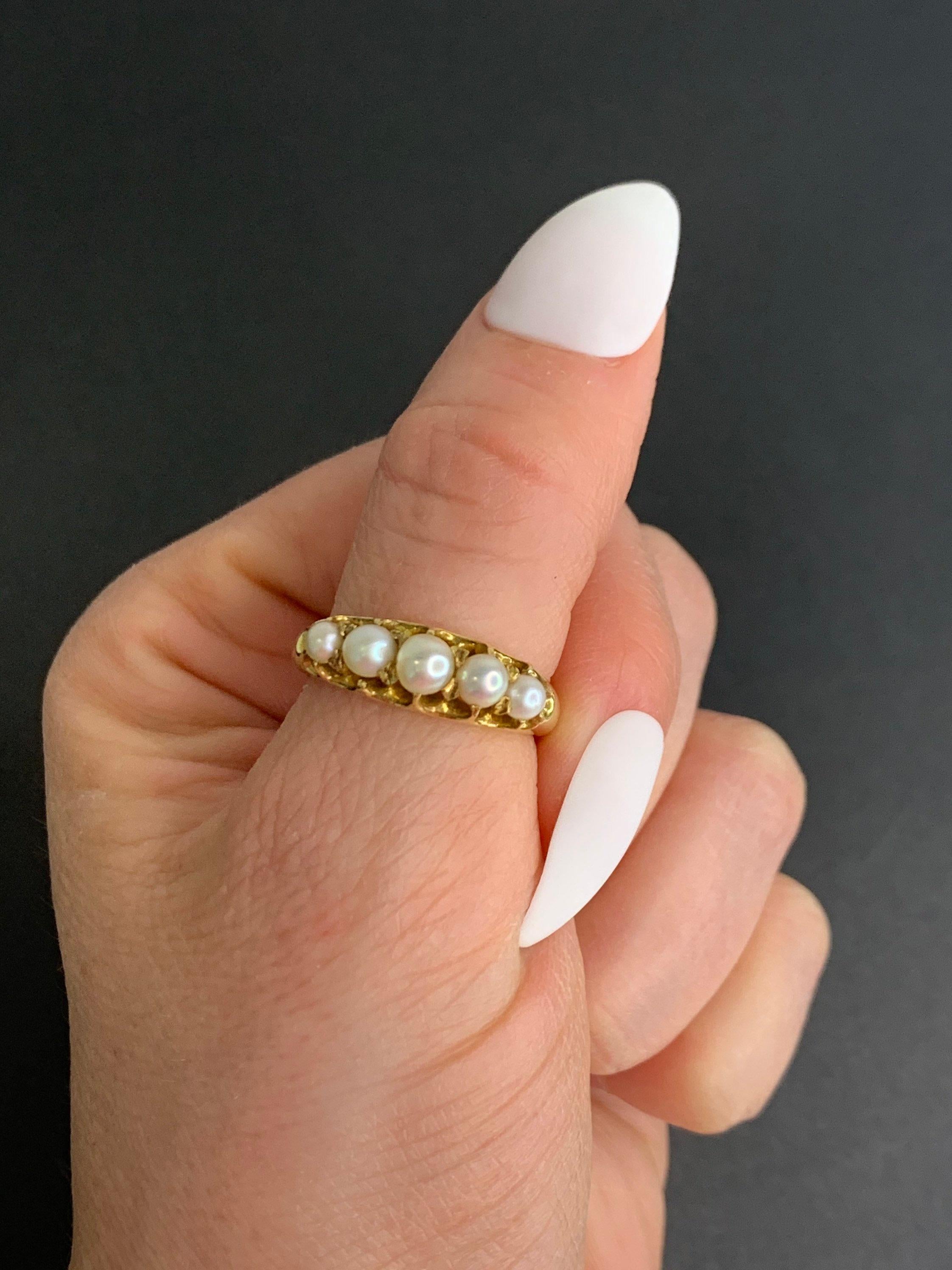 Antique Pearl 5 Stone Ring

18ct Gold 

Edwardian Circa 1900

Size UK N 

Size US 7

Can be resized using our resizing service,
please contact us for more information

All of our items are either Antique, Vintage or Preloved. They are in used