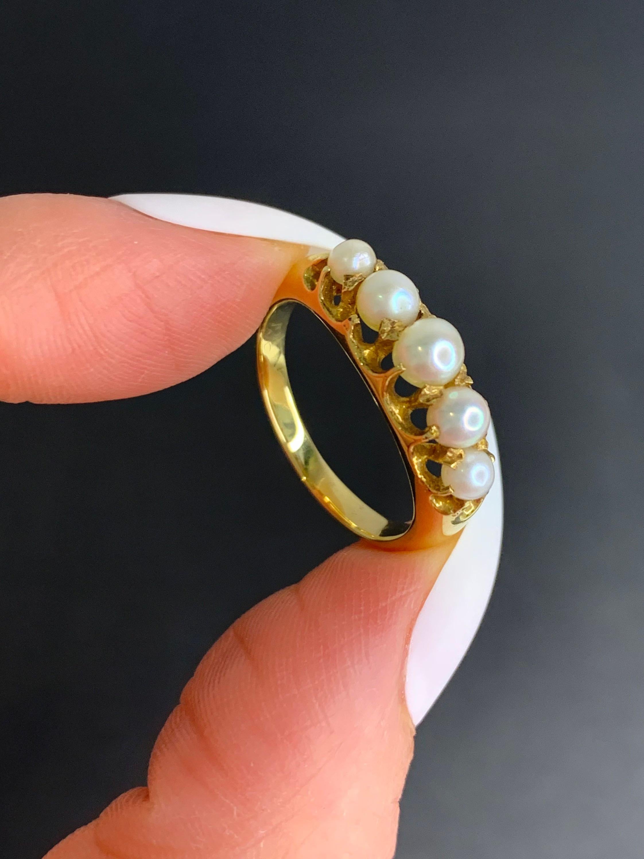 Round Cut Antique 18ct Gold Edwardian Pearl 5 Stone Ring For Sale