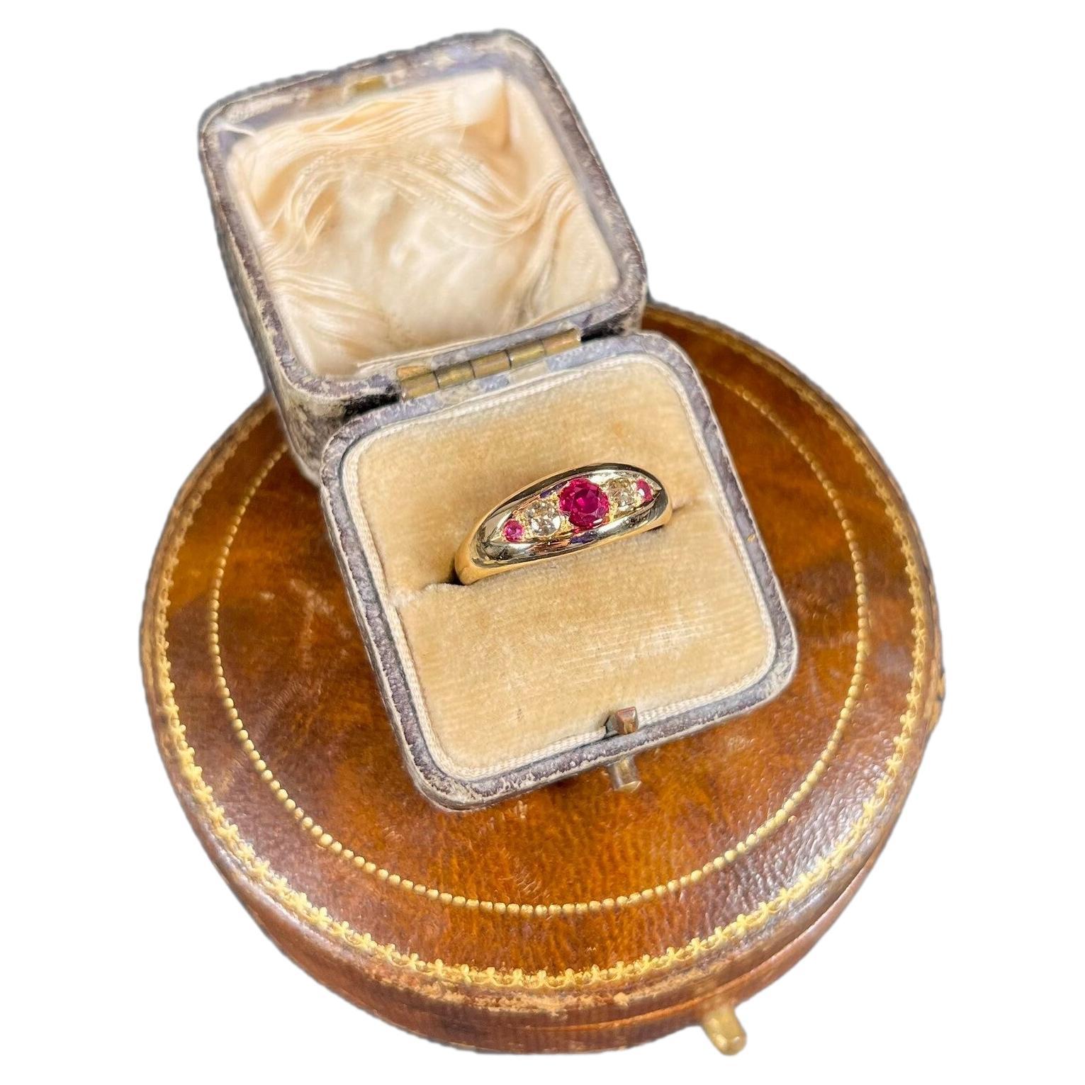 Antique 18ct Gold Edwardian Ruby & Diamond Boat Shaped Ring For Sale