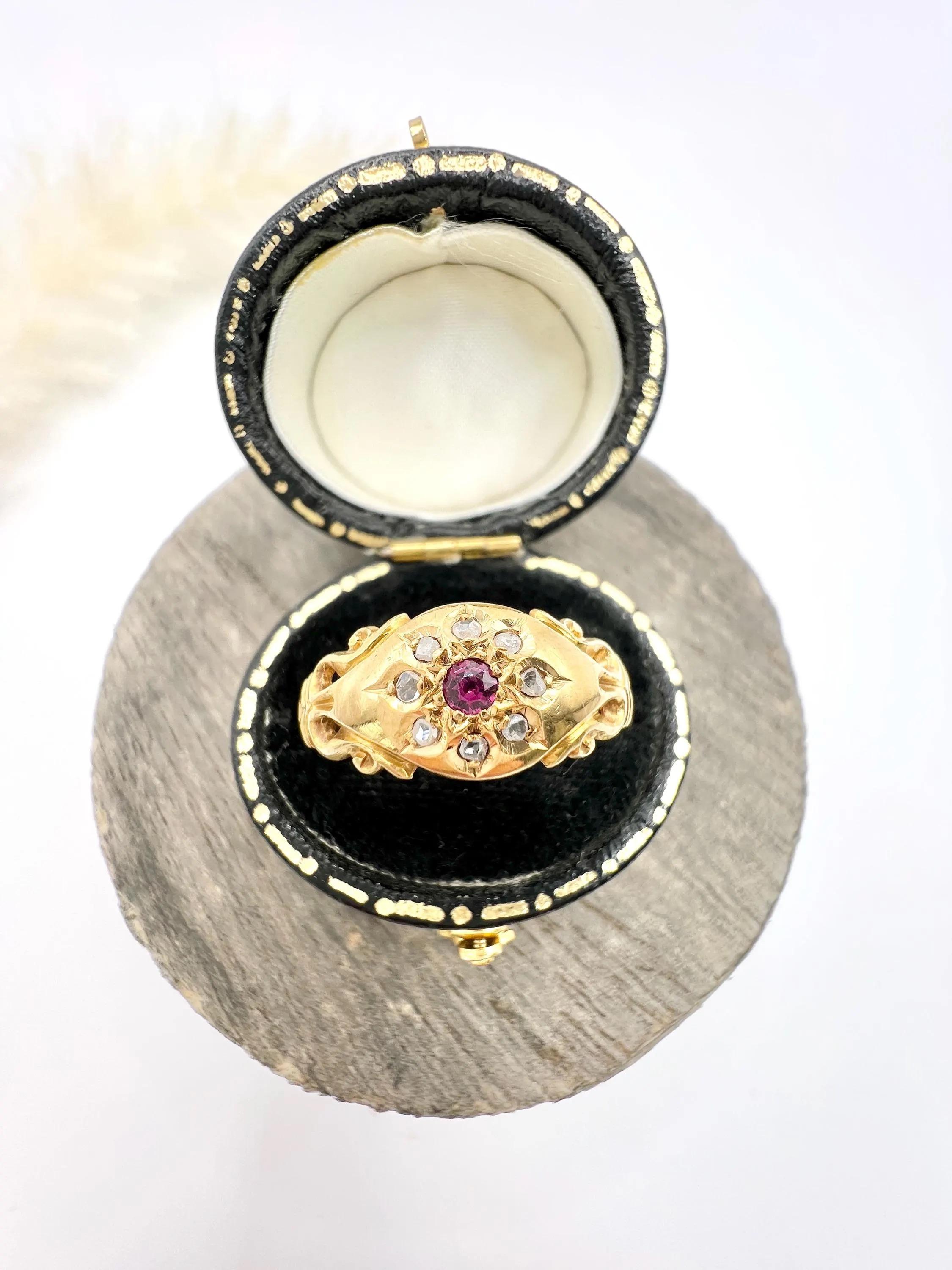 Antique 18ct Gold, Edwardian Ruby & Diamond Daisy Ring, Hallmarked Chester 1904 6