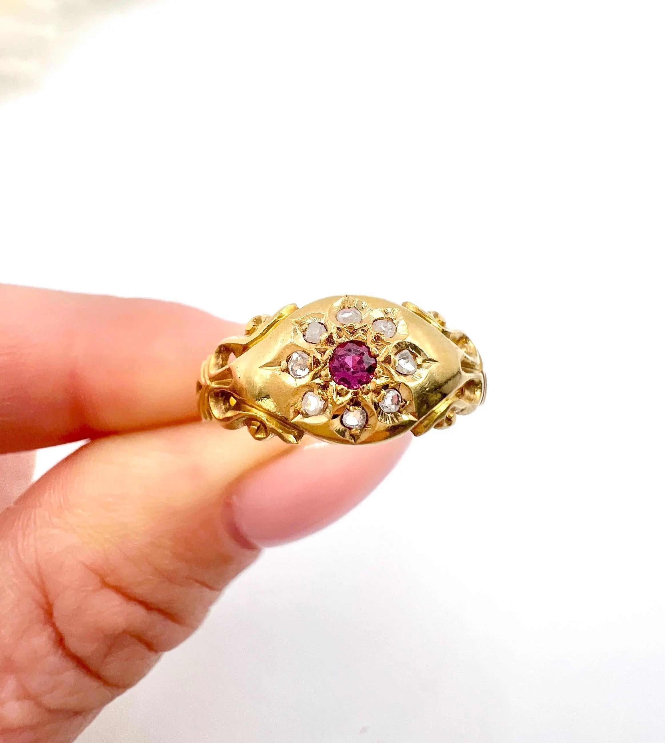 Antique 18ct Gold, Edwardian Ruby & Diamond Daisy Ring, Hallmarked Chester 1904 1