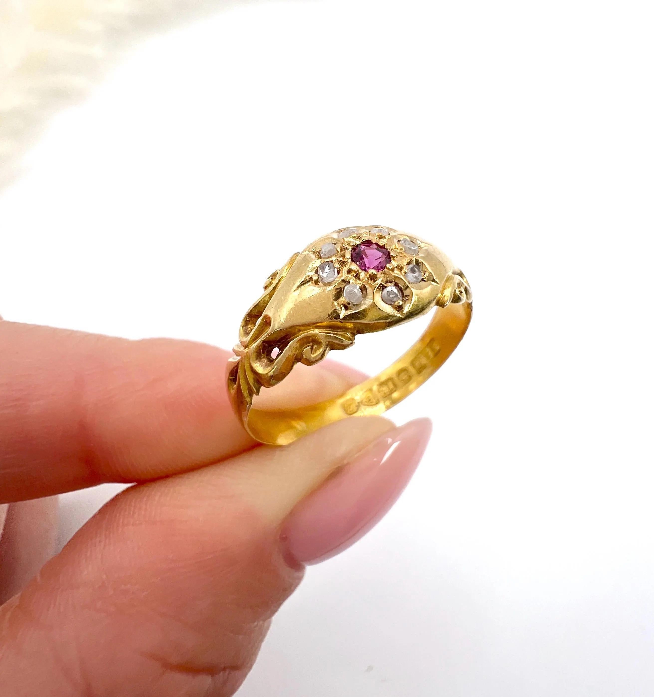 Antique 18ct Gold, Edwardian Ruby & Diamond Daisy Ring, Hallmarked Chester 1904 4