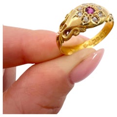 Antique 18ct Gold, Edwardian Ruby & Diamond Daisy Ring, Hallmarked Chester 1904
