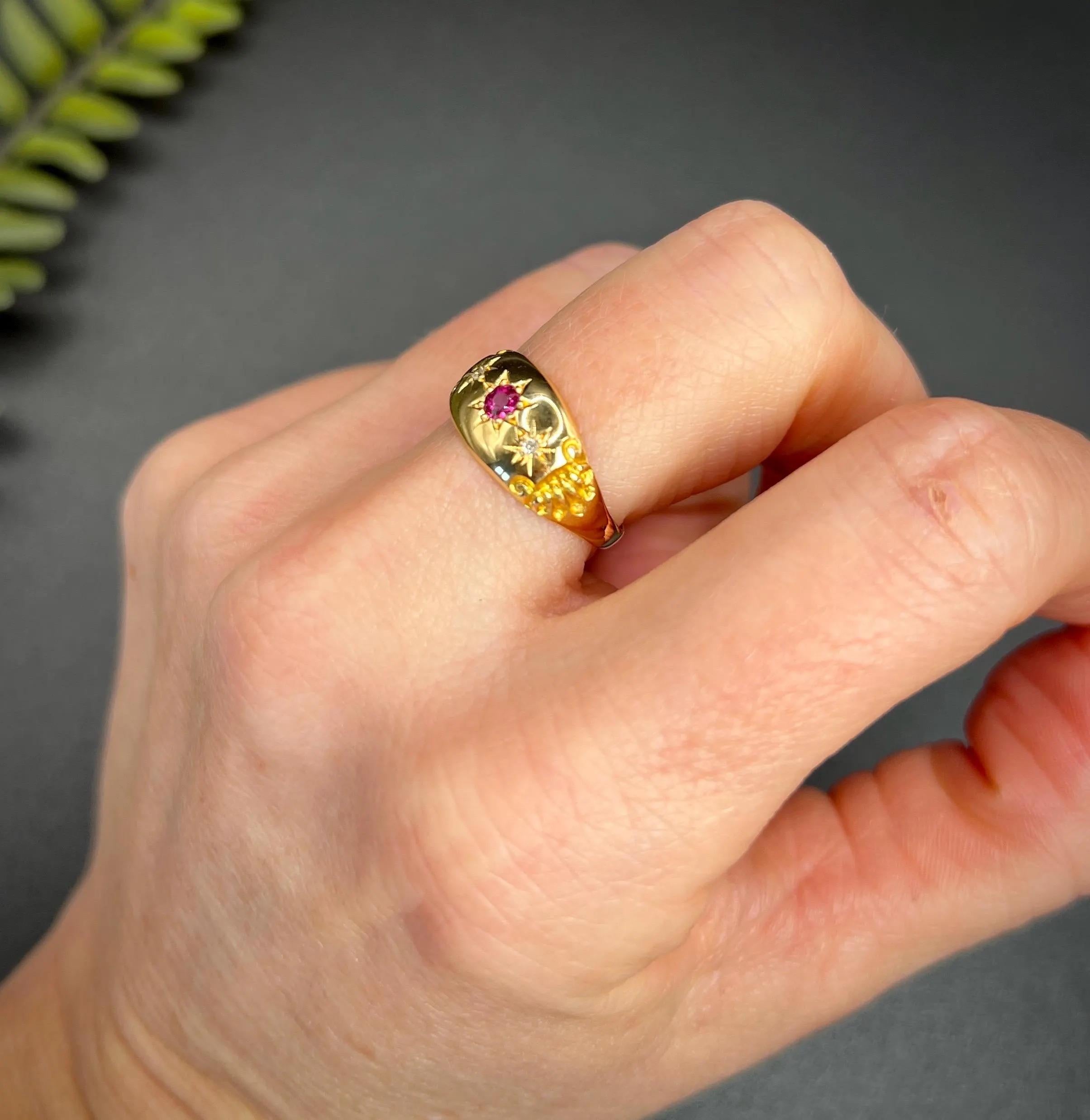 Round Cut Antique 18ct Gold, Edwardian Ruby & Diamond Ring, Chester Hallmarked