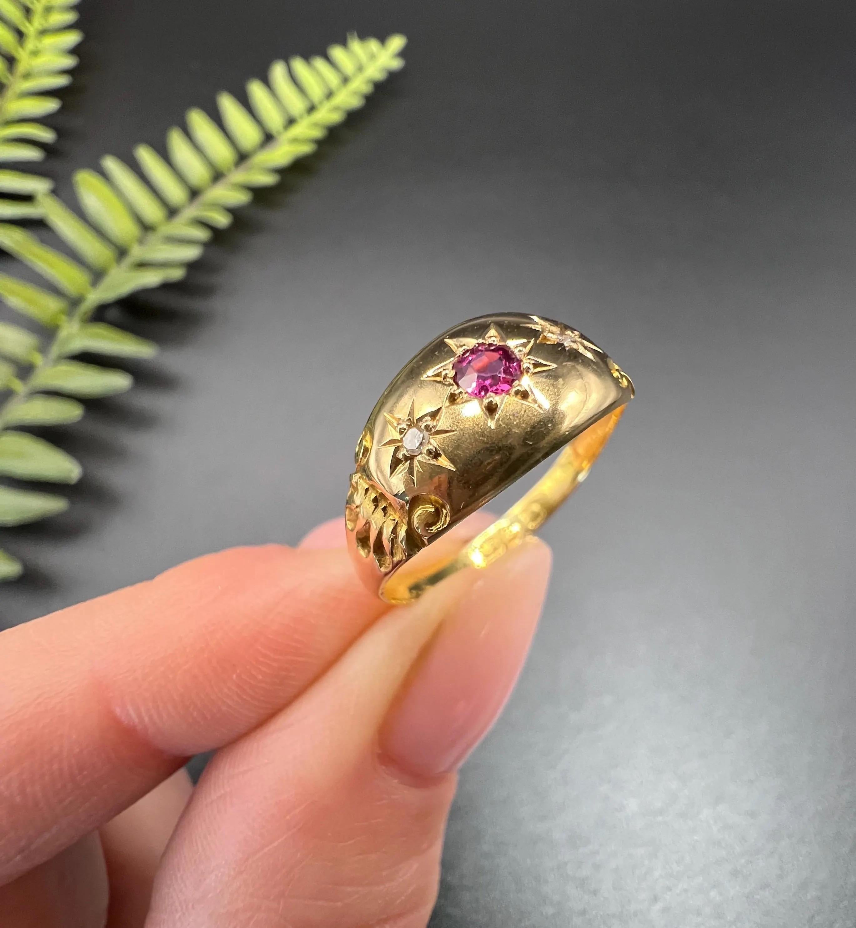 Antique 18ct Gold, Edwardian Ruby & Diamond Ring, Chester Hallmarked 3