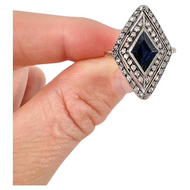 Bague ancienne en or 18ct, saphir et diamant Marquise/Navette d'époque édouardienne