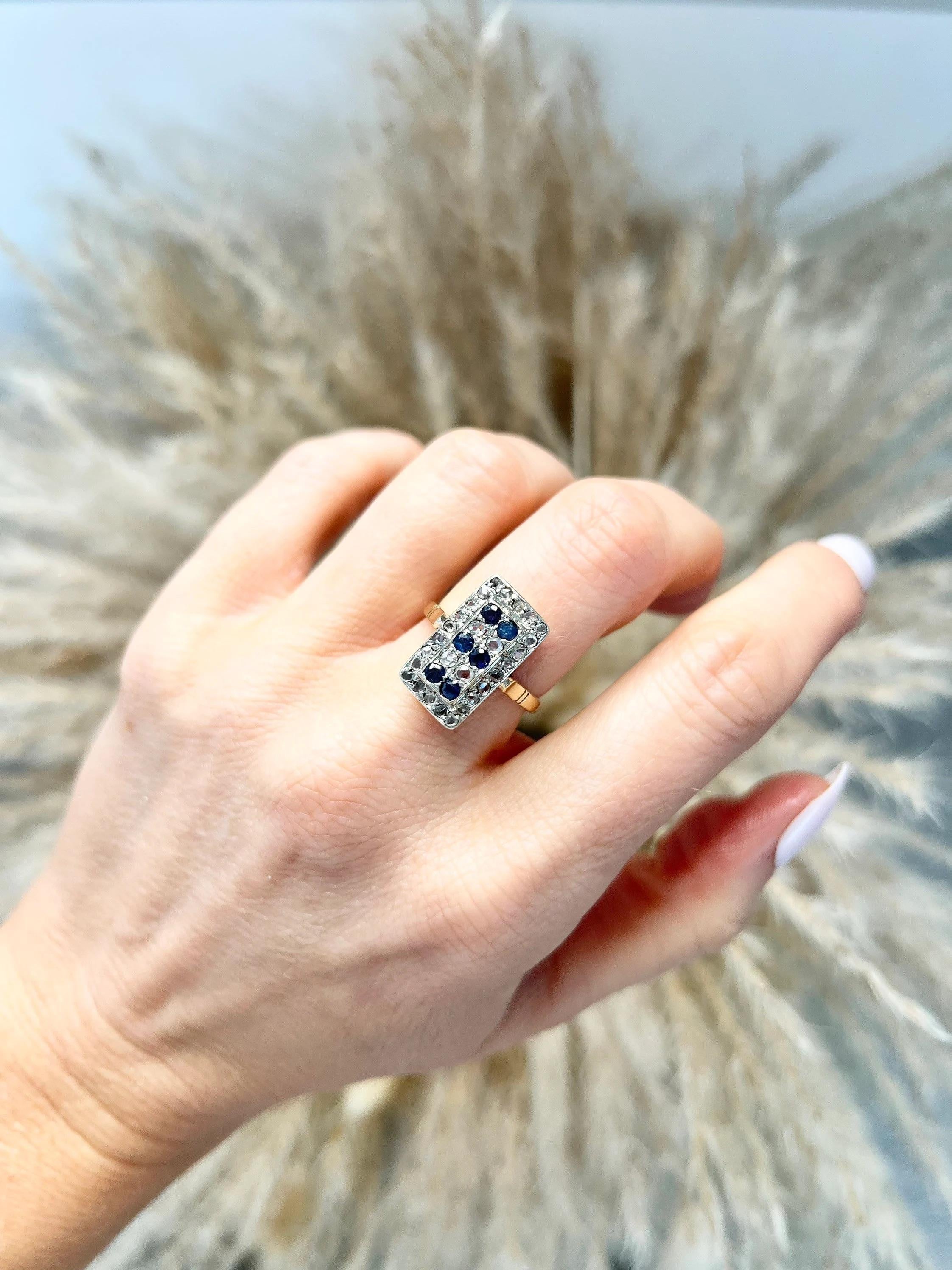 Women's or Men's Antique 18ct Gold Edwardian Sapphire & Diamond Rectangular Ring For Sale