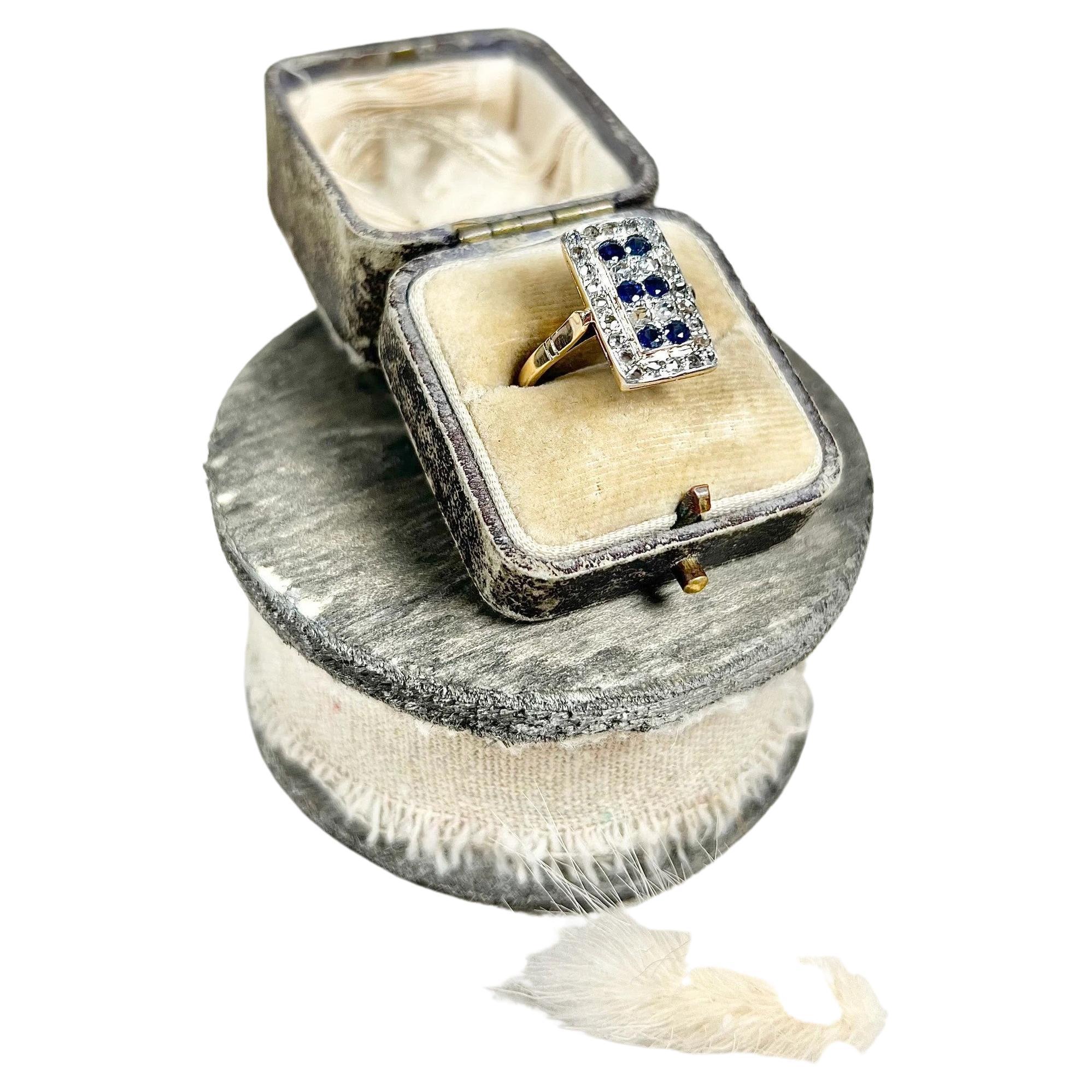 Bague rectangulaire édouardienne ancienne en or 18 carats, saphir et diamants