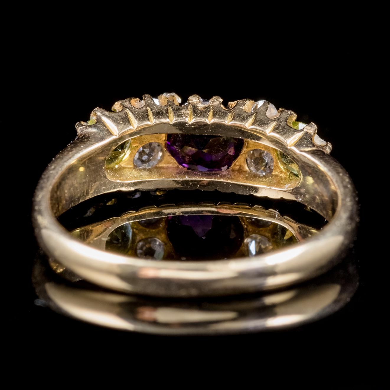 Antique 18 Carat Gold Edwardian Suffragette Ring Amethyst Peridot Diamond, 1912 In Good Condition In Lancaster, Lancashire