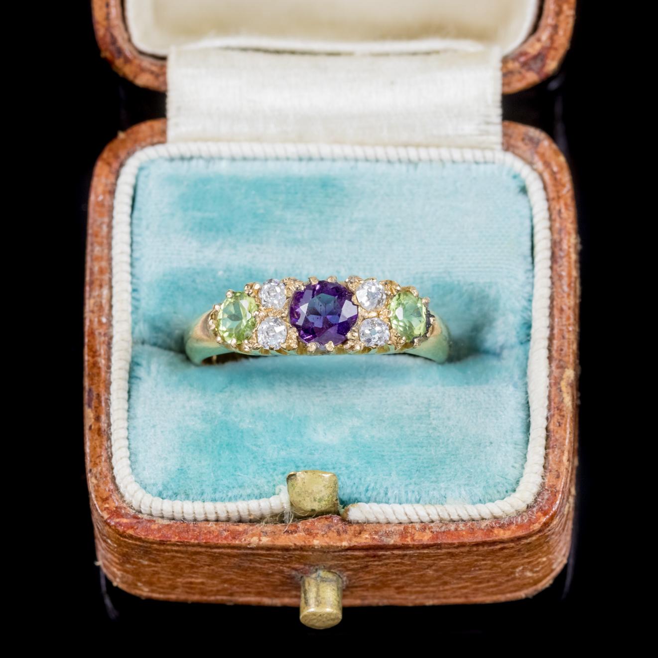 Antique 18 Carat Gold Edwardian Suffragette Ring Amethyst Peridot Diamond, 1912 2