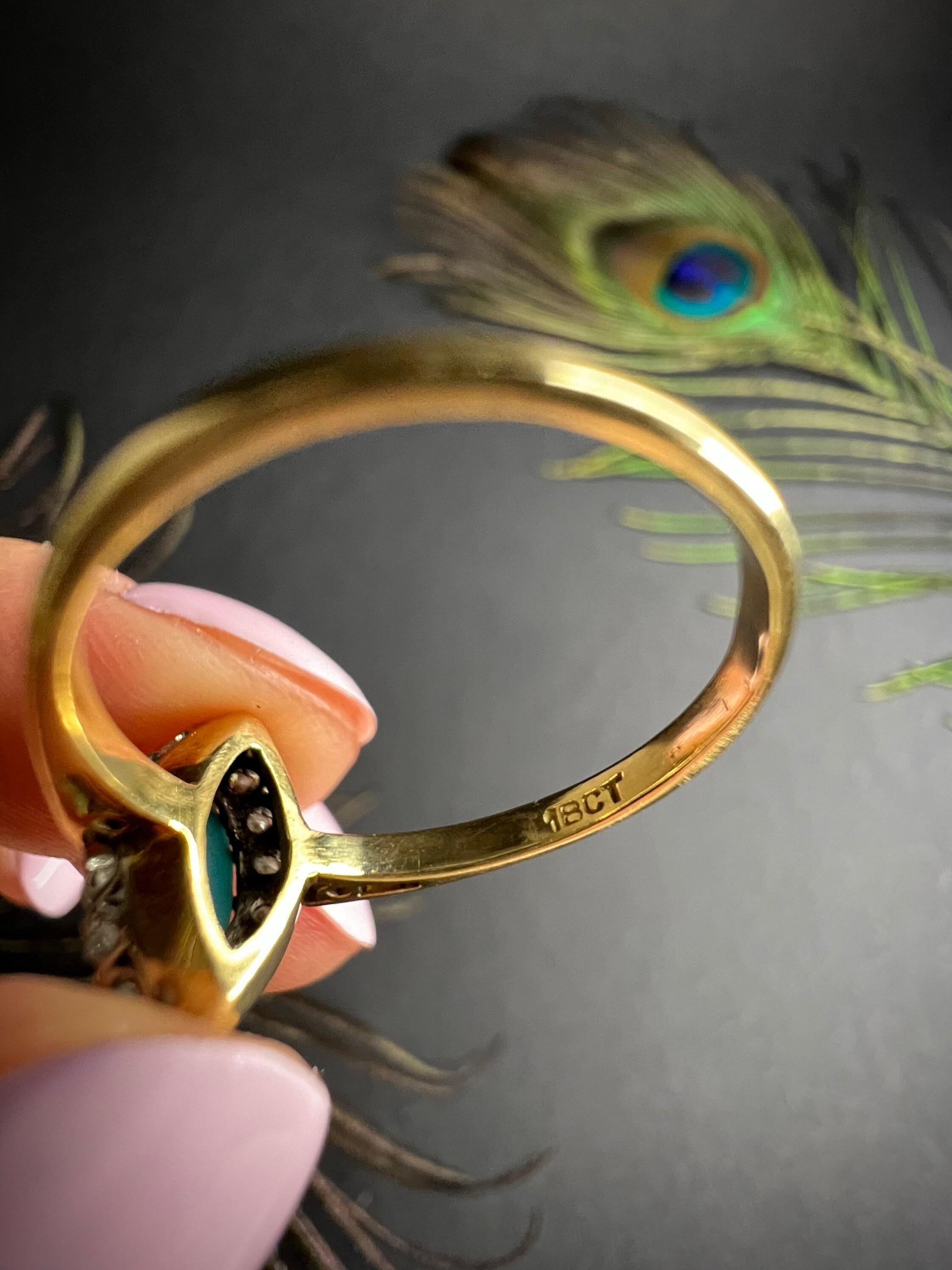 Antique 18ct Gold Edwardian Turquoise & Diamond Marquise / Navette Ring For Sale 5