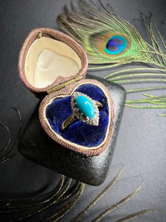 Antique 18ct Gold Edwardian Turquoise & Diamond Marquise / Navette Ring