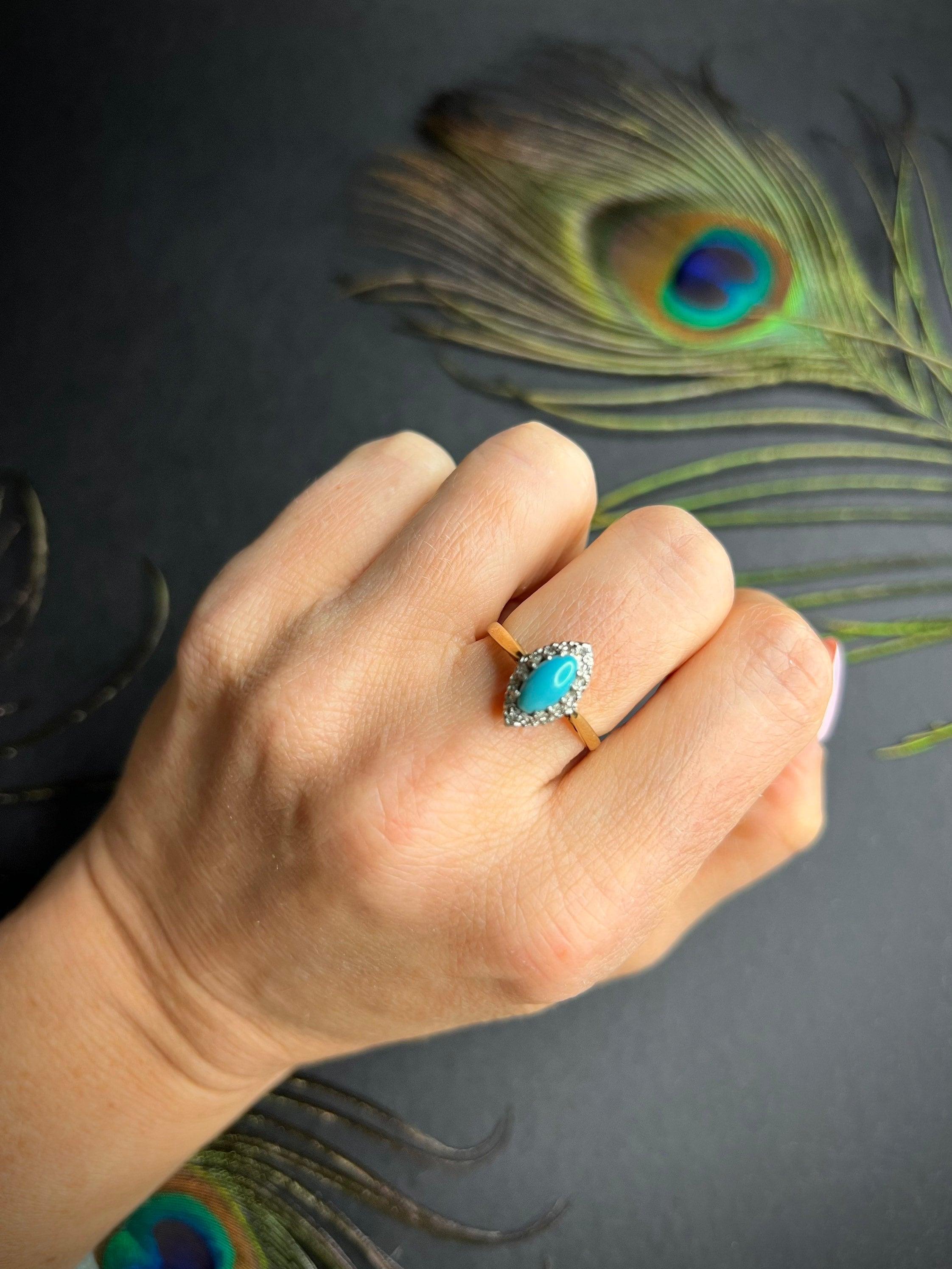 Mixed Cut Antique 18ct Gold Edwardian Turquoise & Diamond Marquise / Navette Ring For Sale