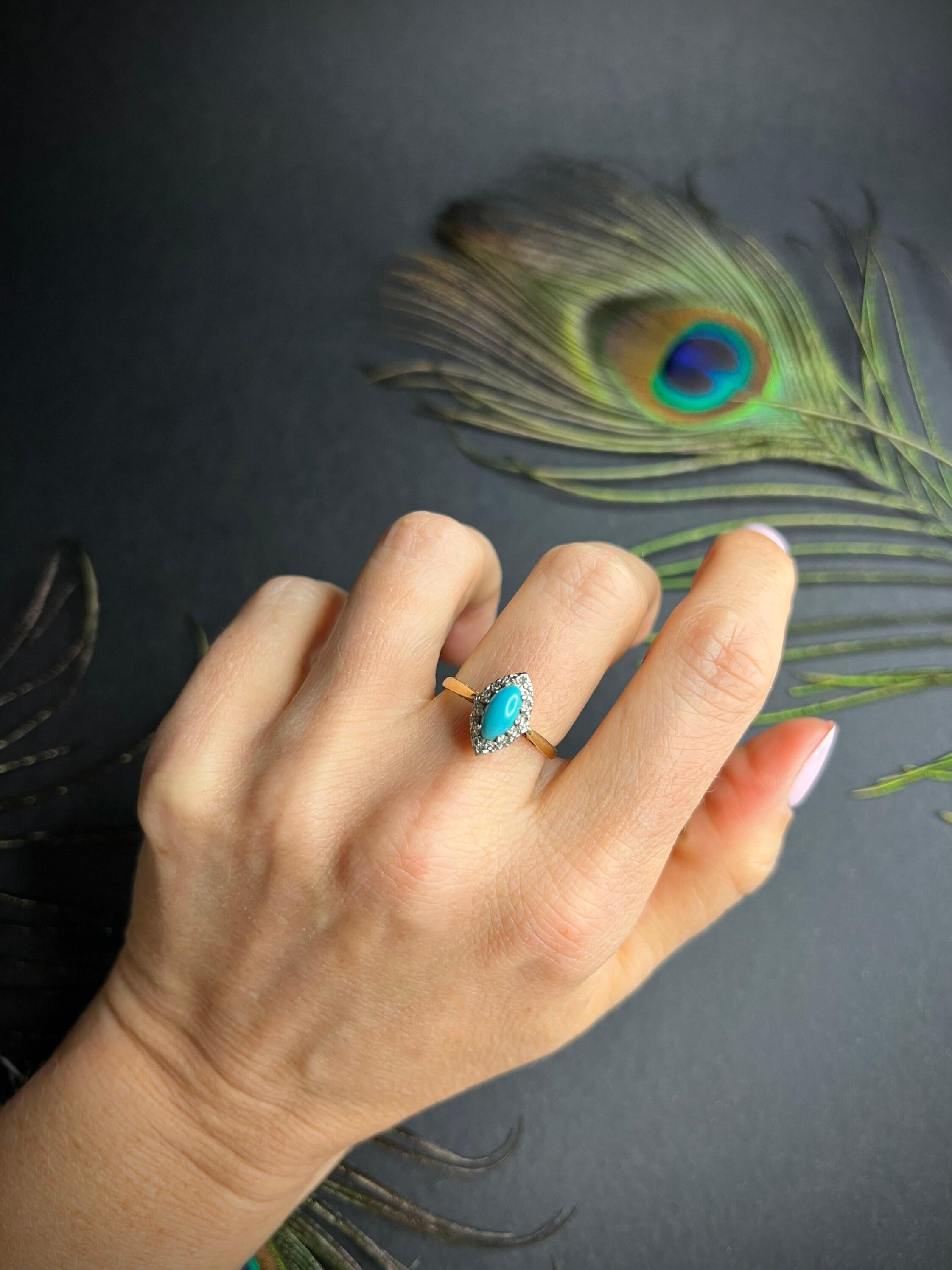 Antique 18ct Gold Edwardian Turquoise & Diamond Marquise / Navette Ring For Sale 2