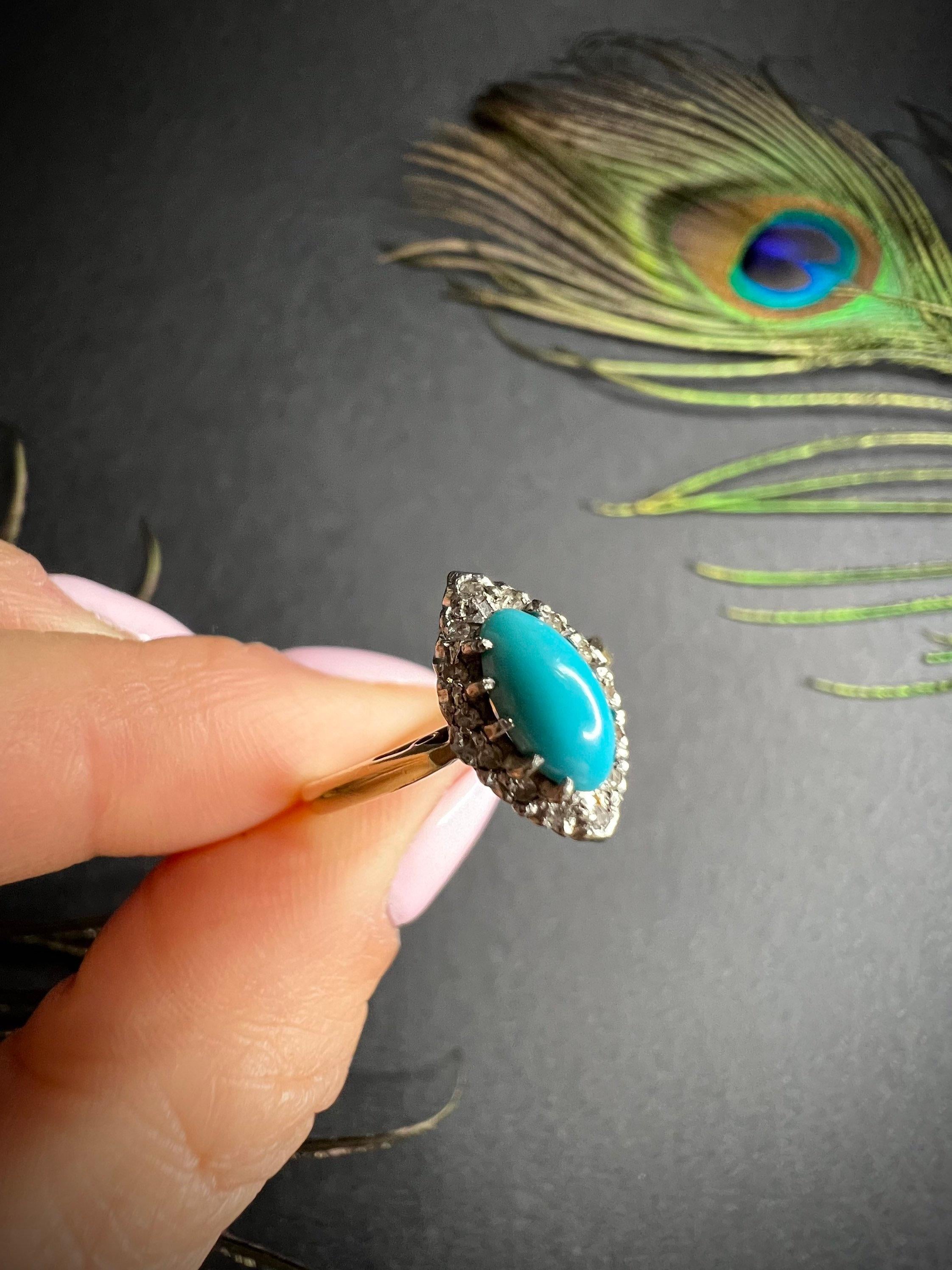 Antique 18ct Gold Edwardian Turquoise & Diamond Marquise / Navette Ring For Sale 4