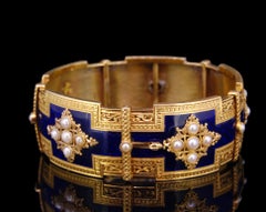 Antique 18 Carat Gold, Enamel and Pearl Bangle Bracelet
