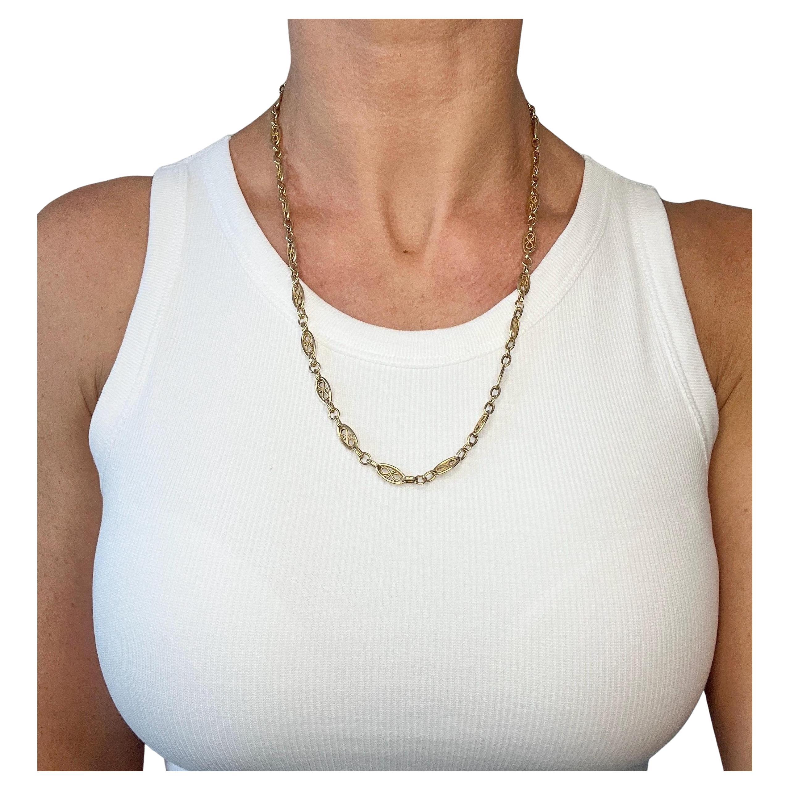 Antique French 1920, oro 18ct, catena a maglie ovali in filigrana da 22 3/4 pollici