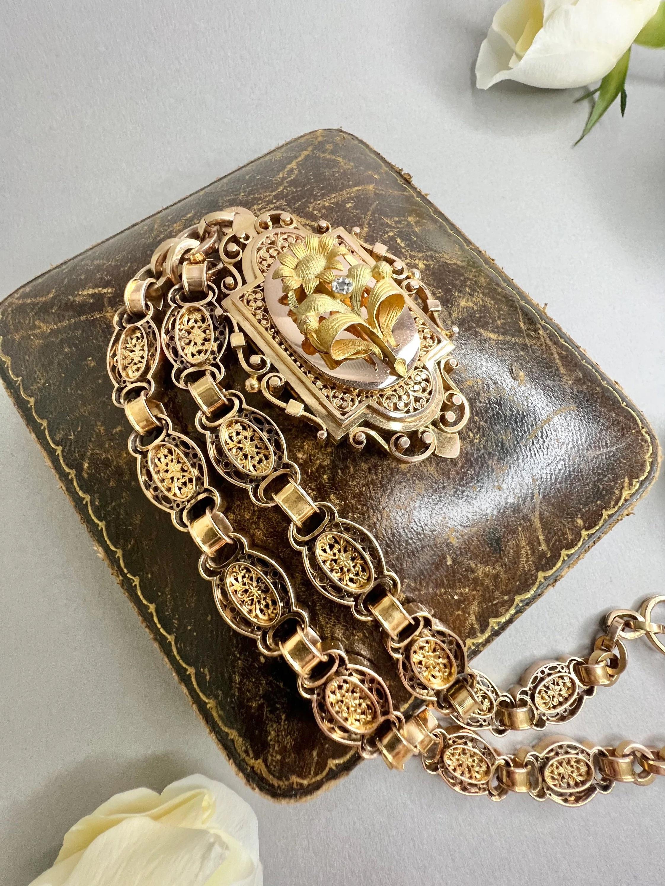 Antique 18ct Gold French Belle Époque, Book Chain Locket Necklace 6
