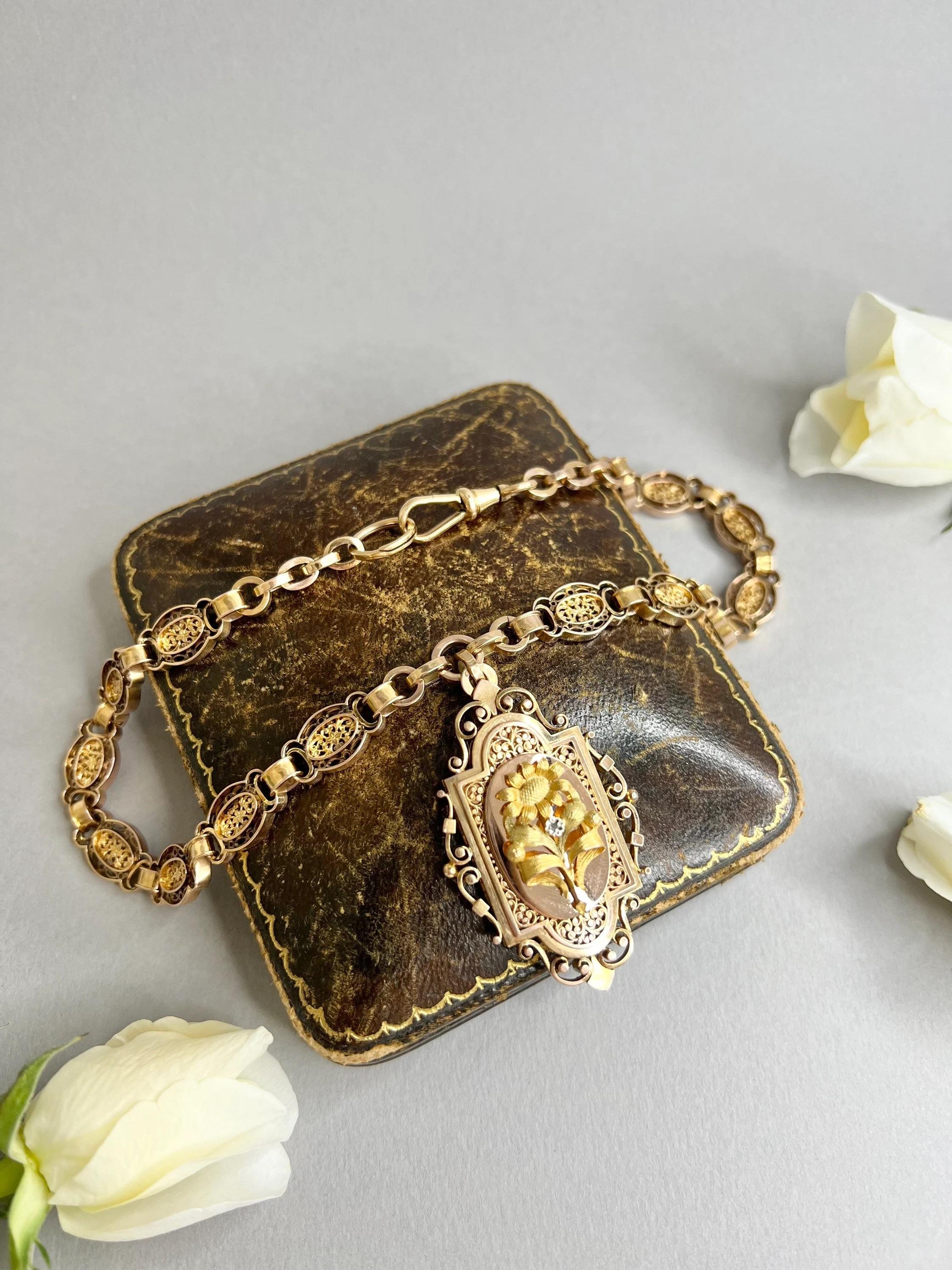 Antique 18ct Gold French Belle Époque, Book Chain Locket Necklace 2