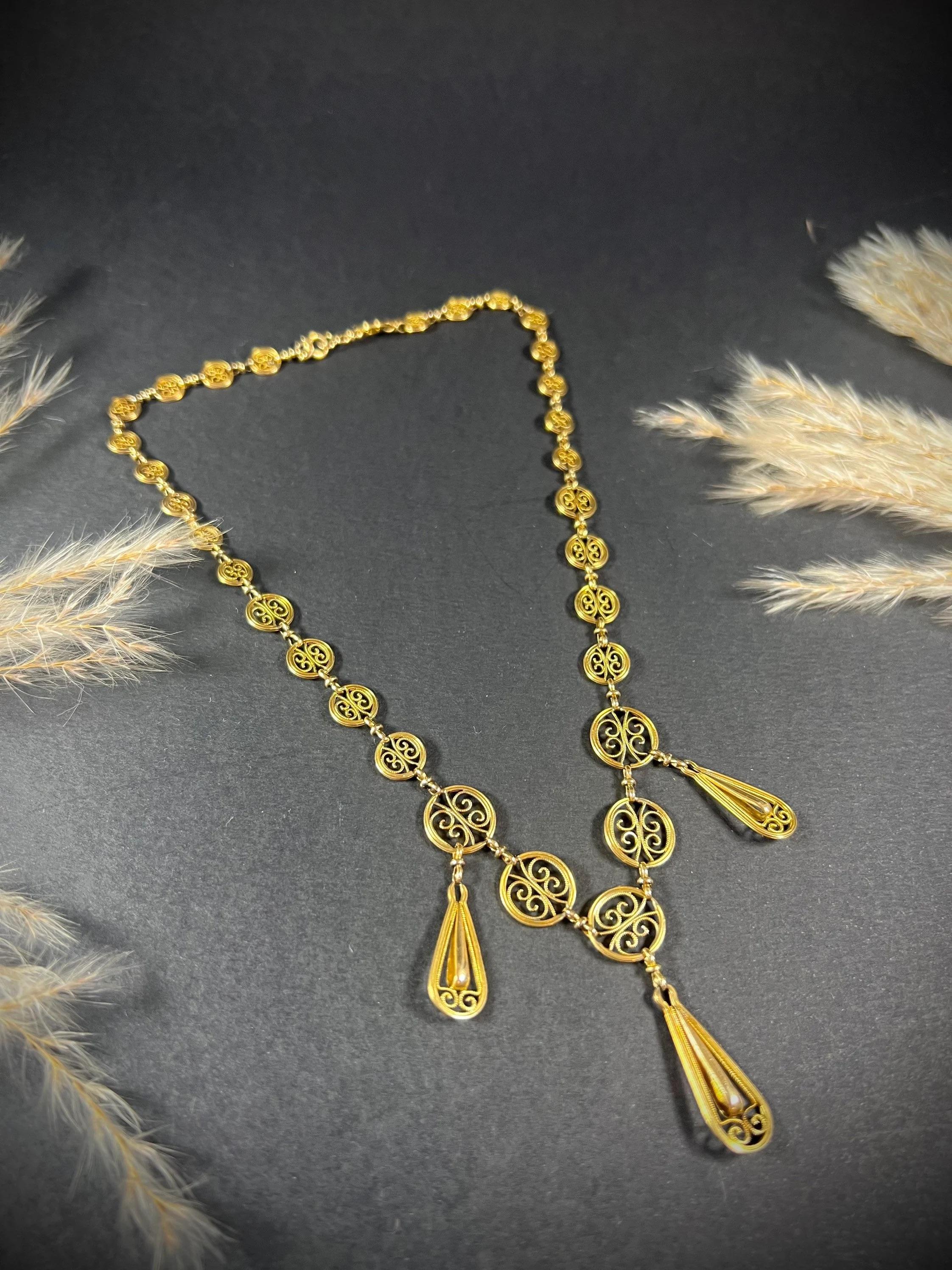 Women's or Men's Antique 18ct Gold French Filigree Gold Necklace For Sale