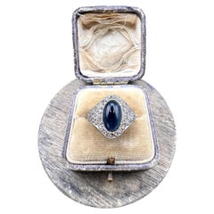 Antique French in oro 18 ct, anello edoardiano con zaffiro cabochon e diamante