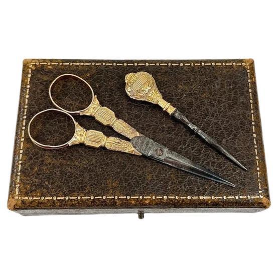 Antique 18ct Gold French Stamped Etui Sewing Set Tijeras & Stiletto