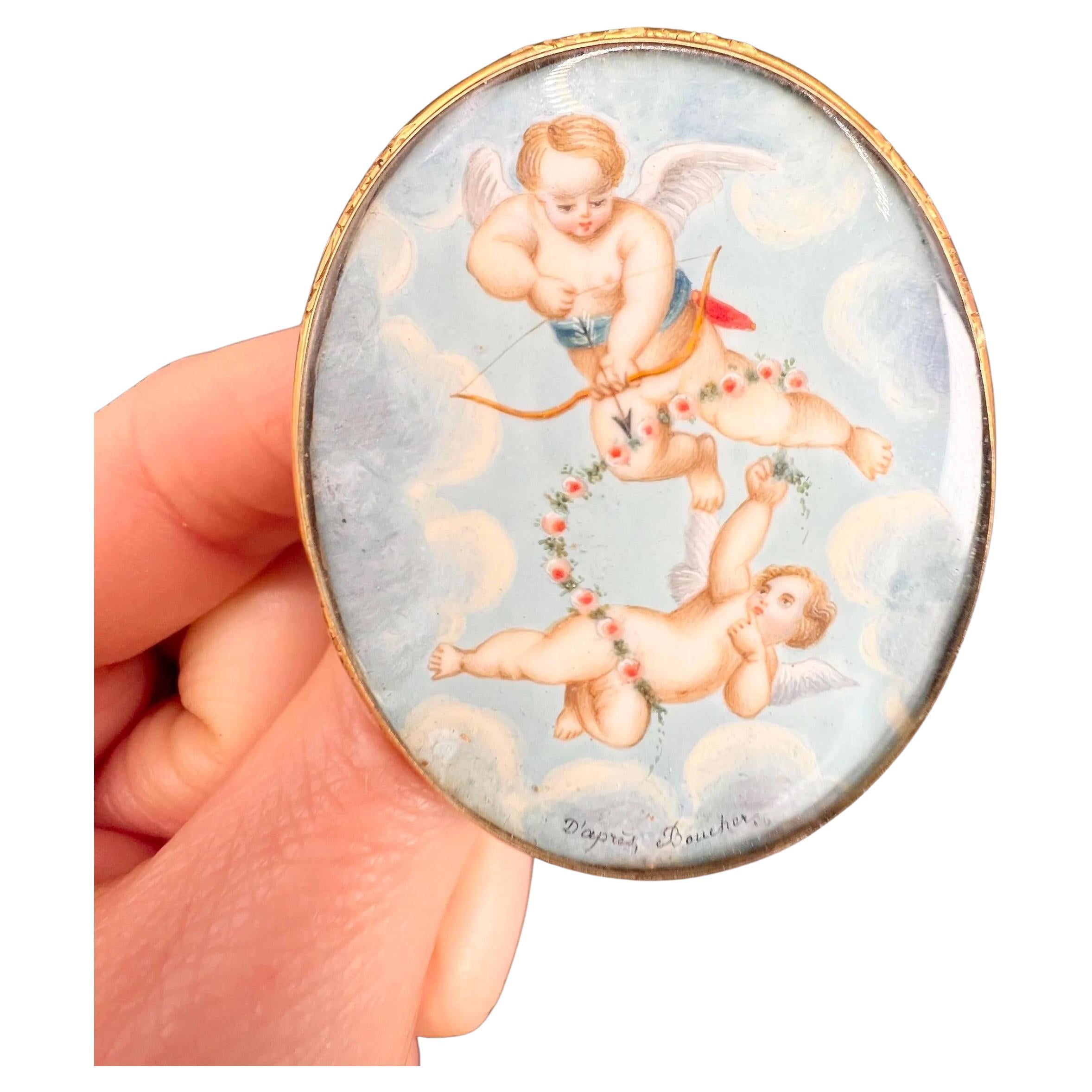 Antique 18ct Gold French, Victorian Cherub Miniature Brooch Mother of Pearl Back For Sale