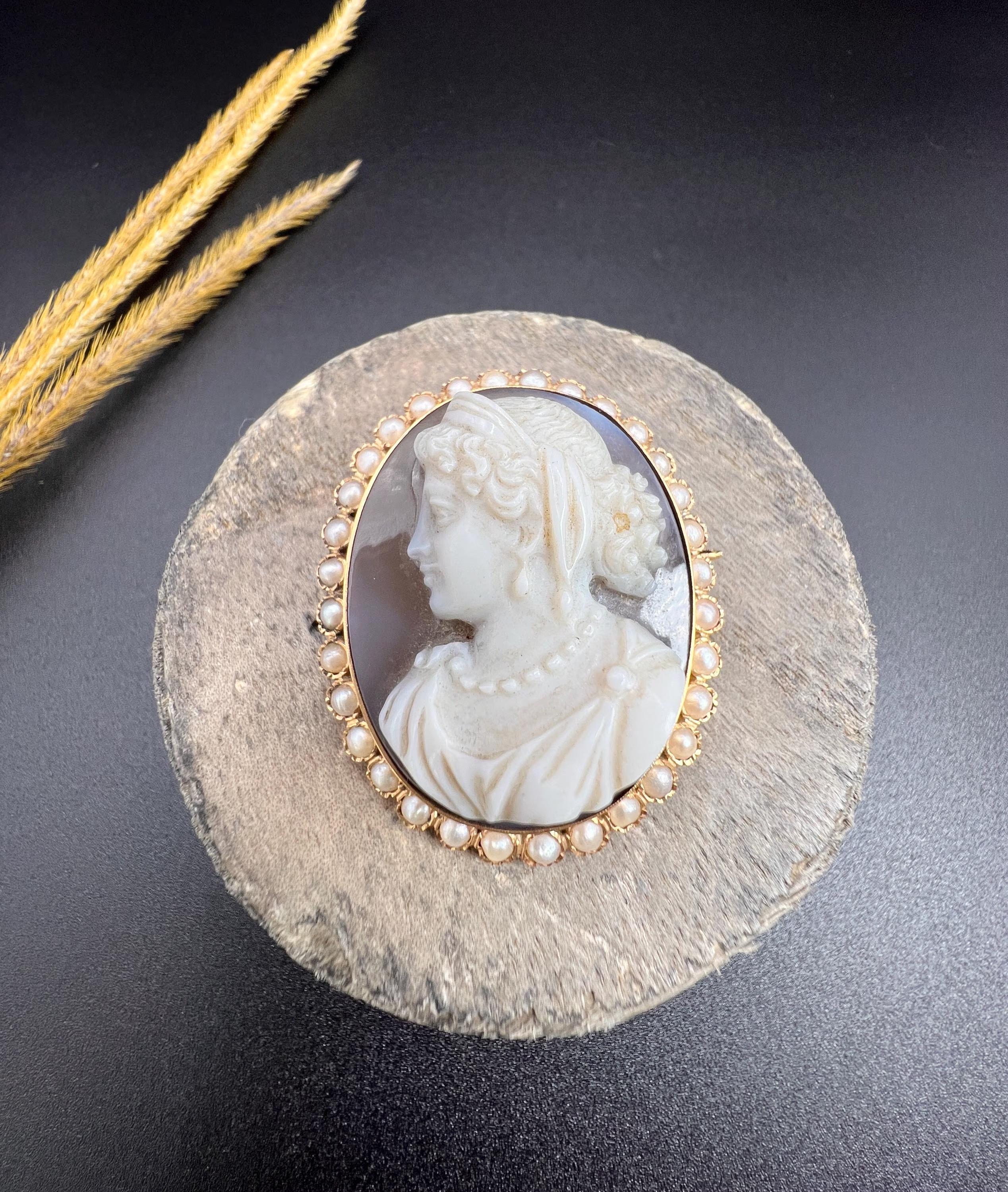 Antique Cameo Brooch

18ct Gold French Hallmarked

Circa 1880

This exquisite antique brooch is a remarkable piece from the Victorian era, crafted in 18ct gold and featuring a beautifully hand-carved portrait of a lady, intricately designed from