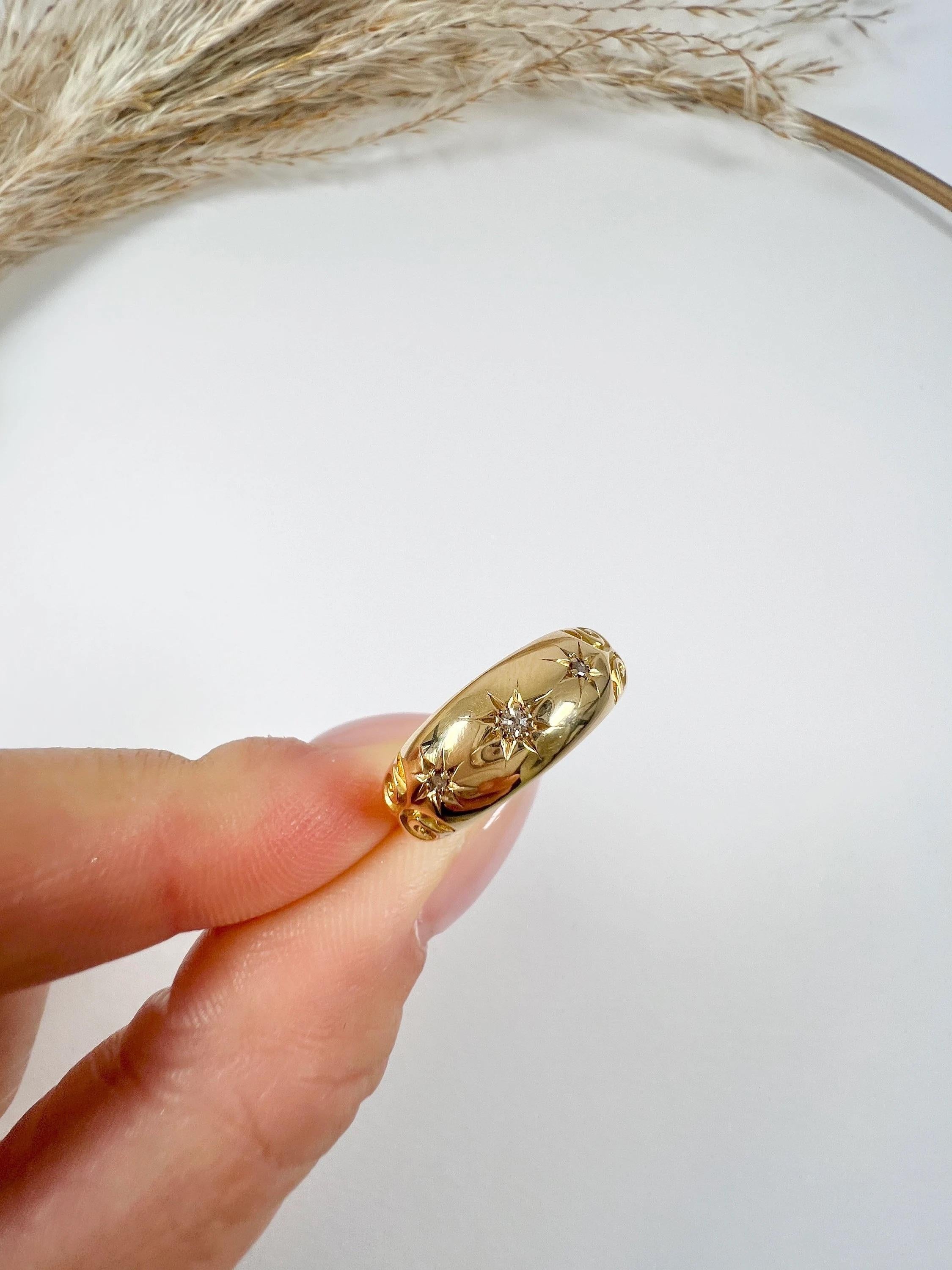 Antiguo anillo eduardiano de oro de 18 ct con sello de calidad y 3 diamantes 2
