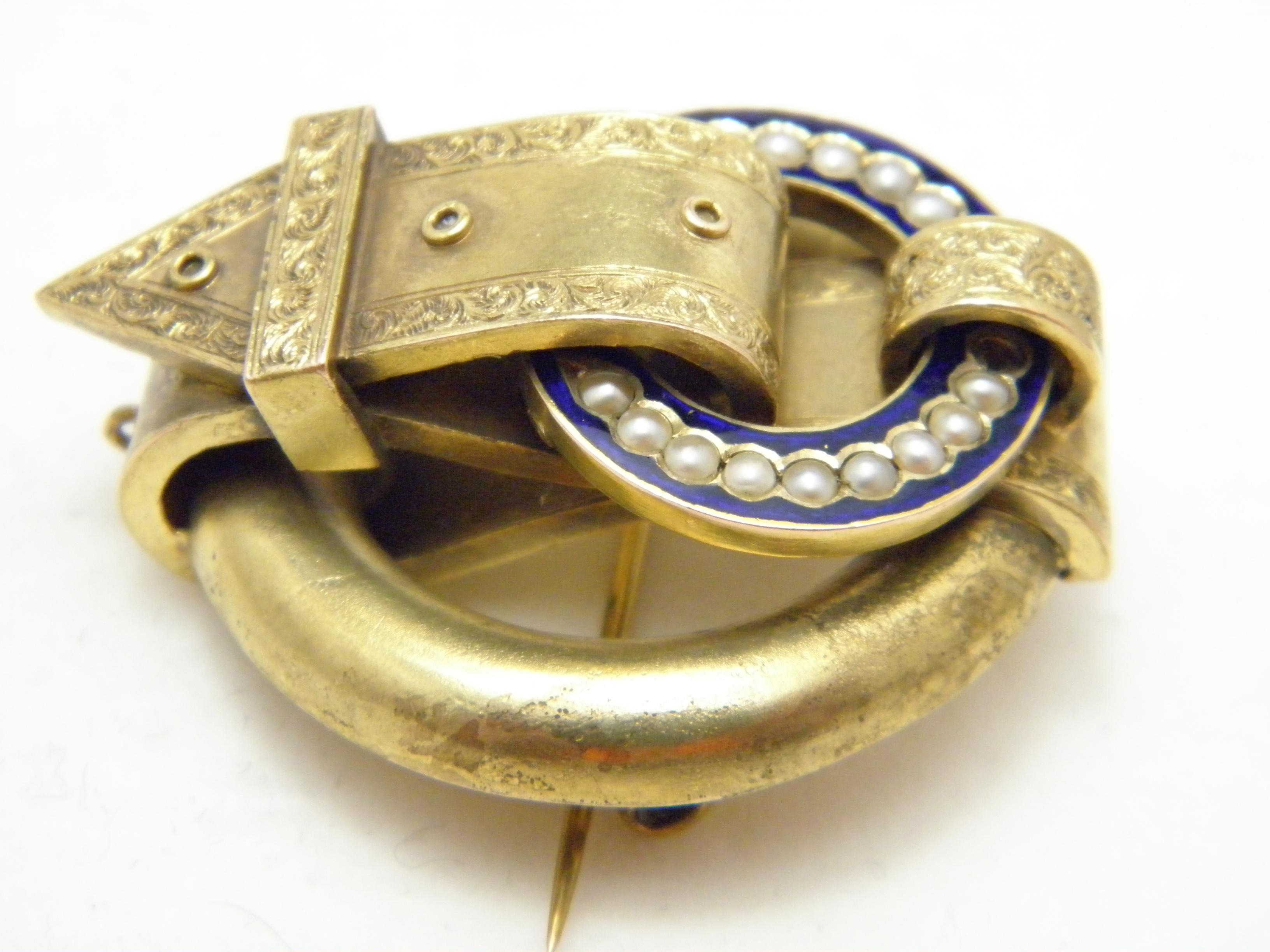 Round Cut Antique 18ct Gold Huge Pearl Buckle Brooch Pin c1880 Heavy 14.3g 750 Purity For Sale