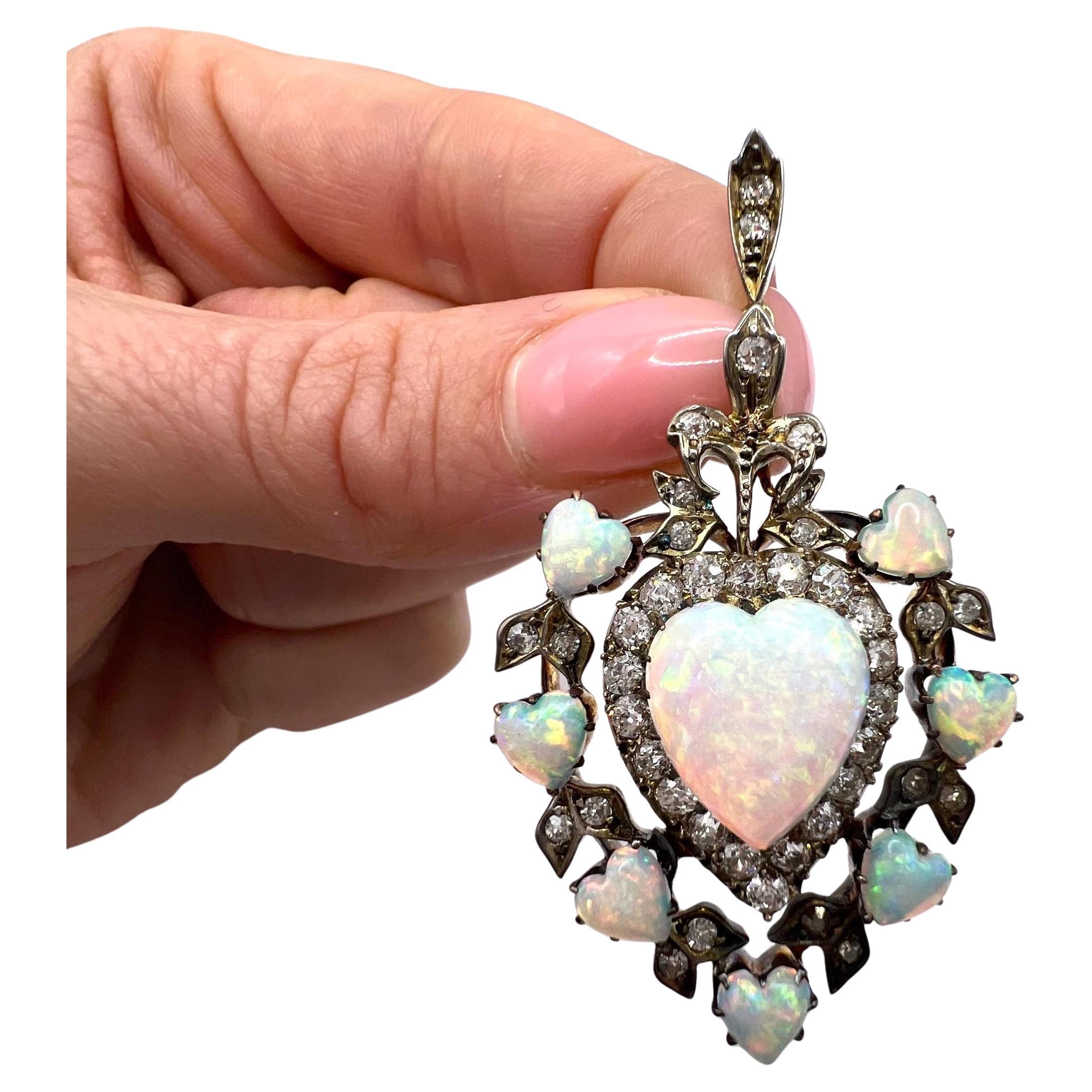 Antique 18ct Gold, Large Early Victorian Opal 
Diamond Heart Pendant