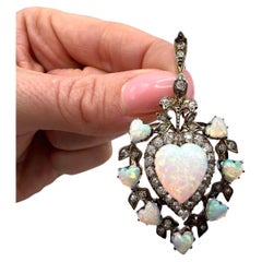 Antique 18ct Gold, Large Early Victorian Opal 
Diamond Heart Pendant