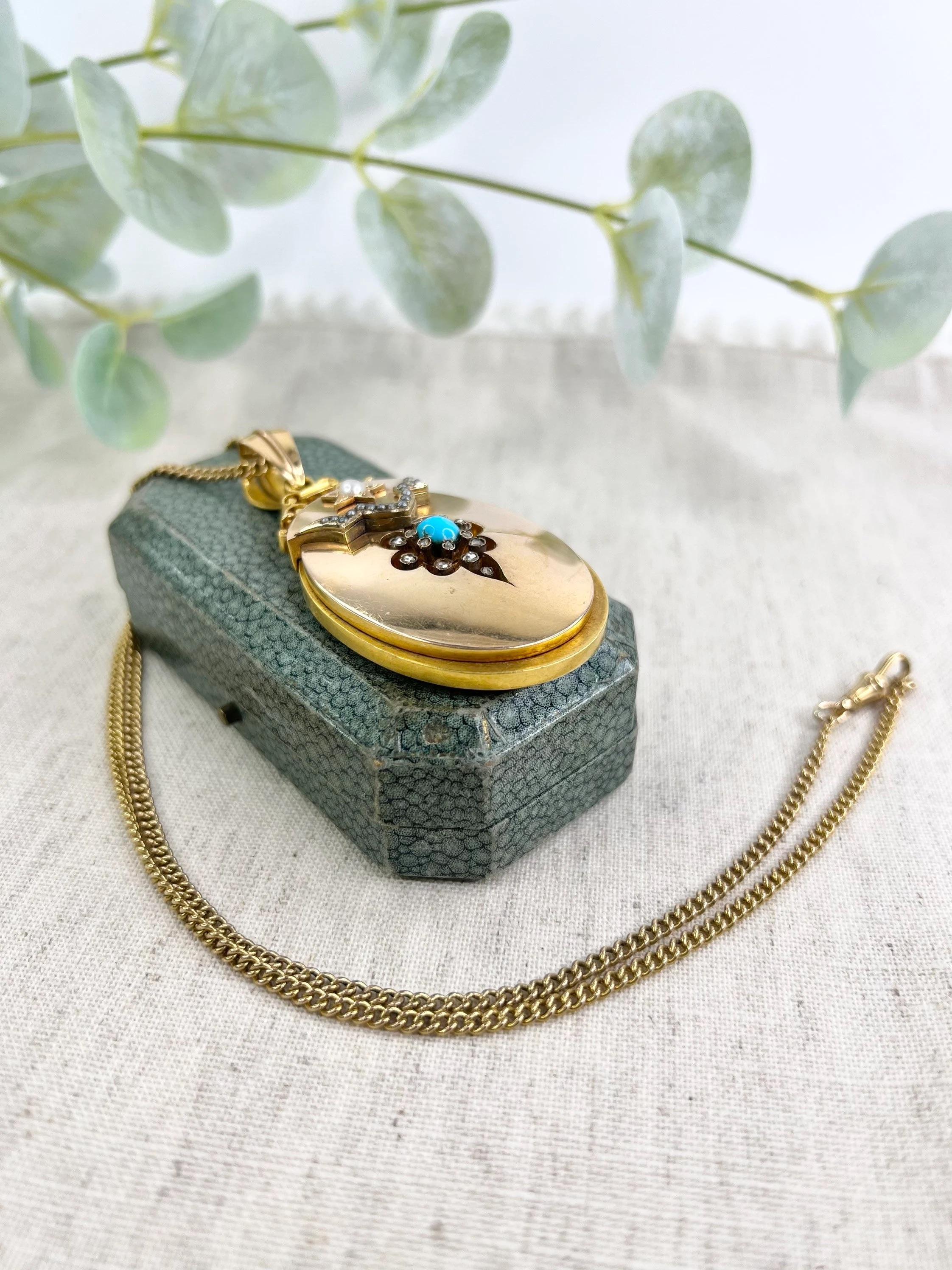 Mixed Cut Antique 18ct Gold Large Victorian, Turquoise, Pearl & Diamond Locket For Sale