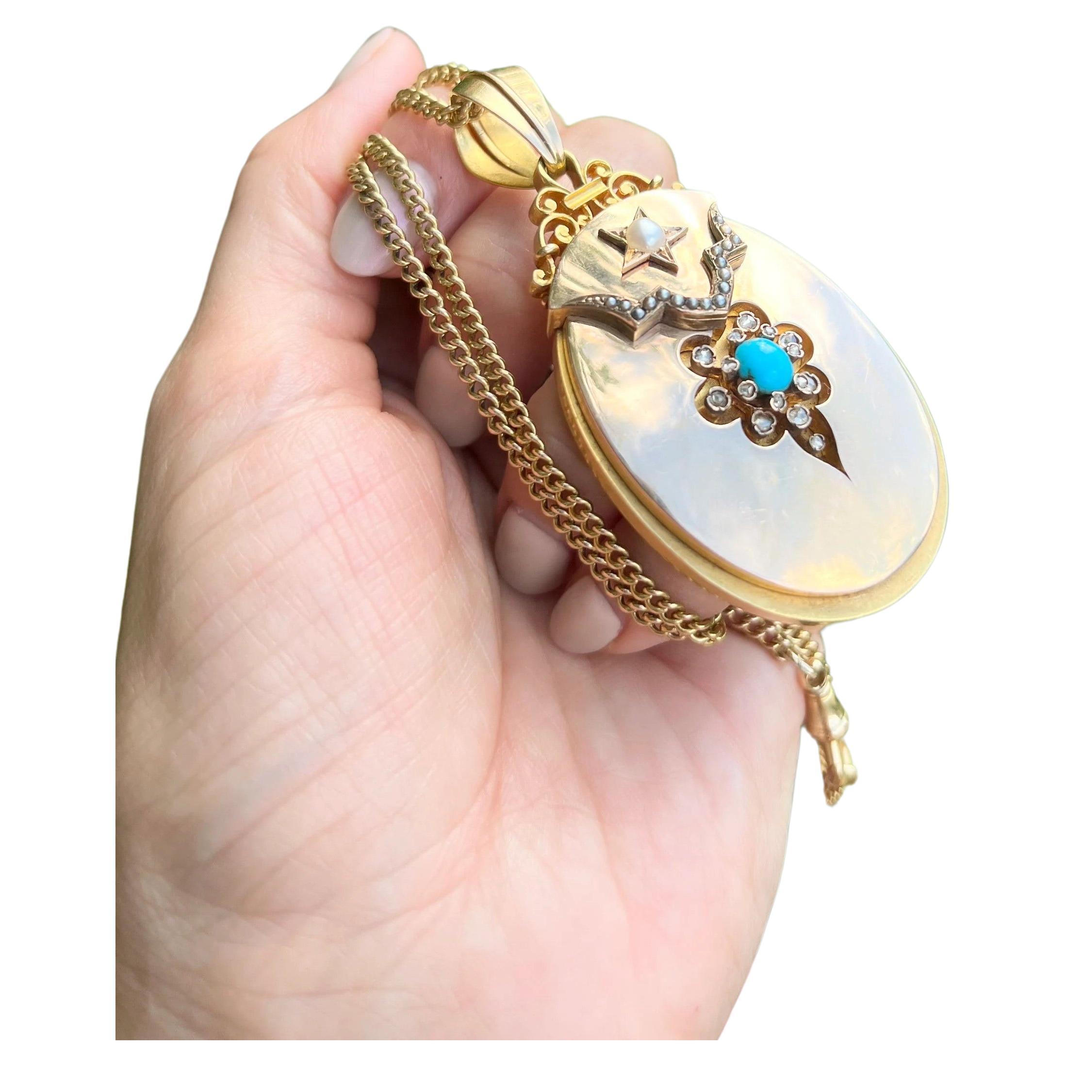 Antique 18ct Gold Large Victorian, Turquoise, Pearl & Diamond Locket