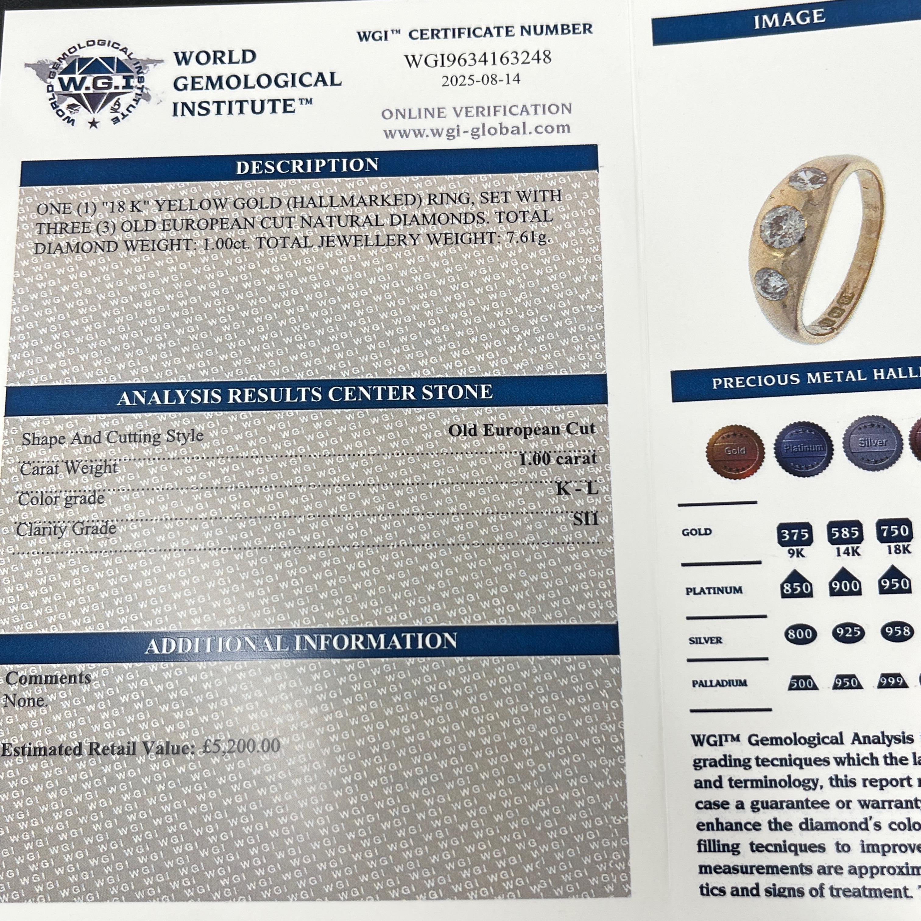 Un sorprendente anello gitano antico, realizzato in oro giallo 18 ct. 
e incastonato con tre scintillanti diamanti taglio vecchio, 
per un peso totale di circa 1,0 carati.
L'audace incastonatura in stile zingaro non solo offre una tenuta sicura per