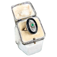 Retro 18ct Gold Onyx Emerald & Diamond Statement Ring