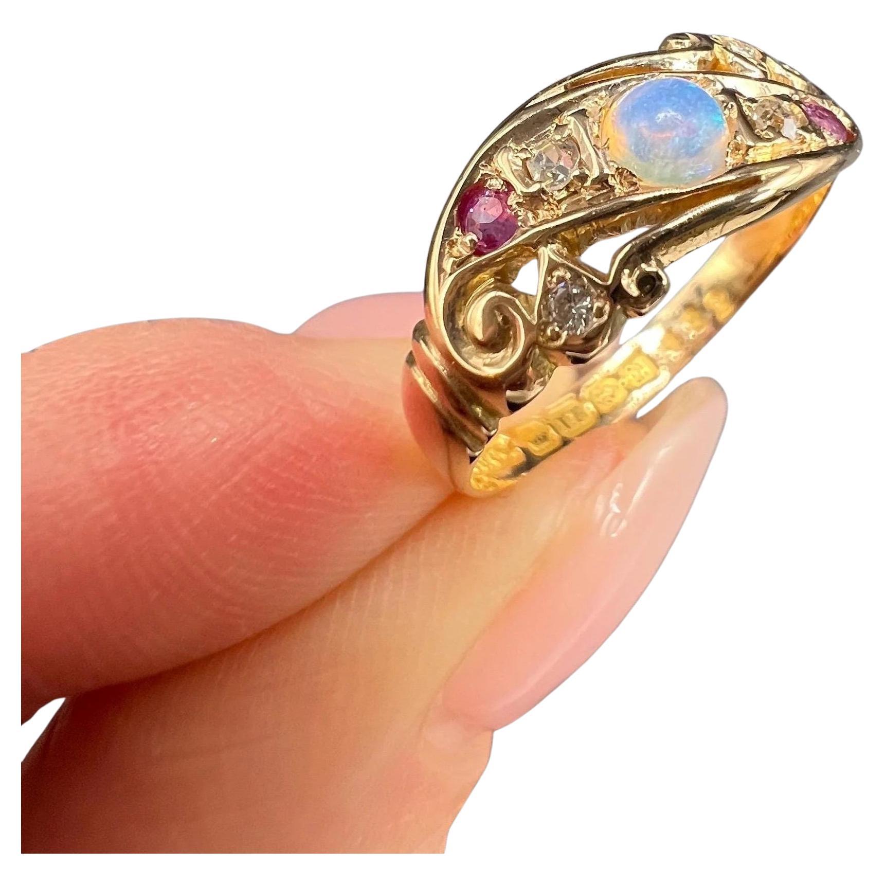 Anillo antiguo de oro de 18 ct, ópalo, rubí y diamantes, Hallmarked Birmingham 1912