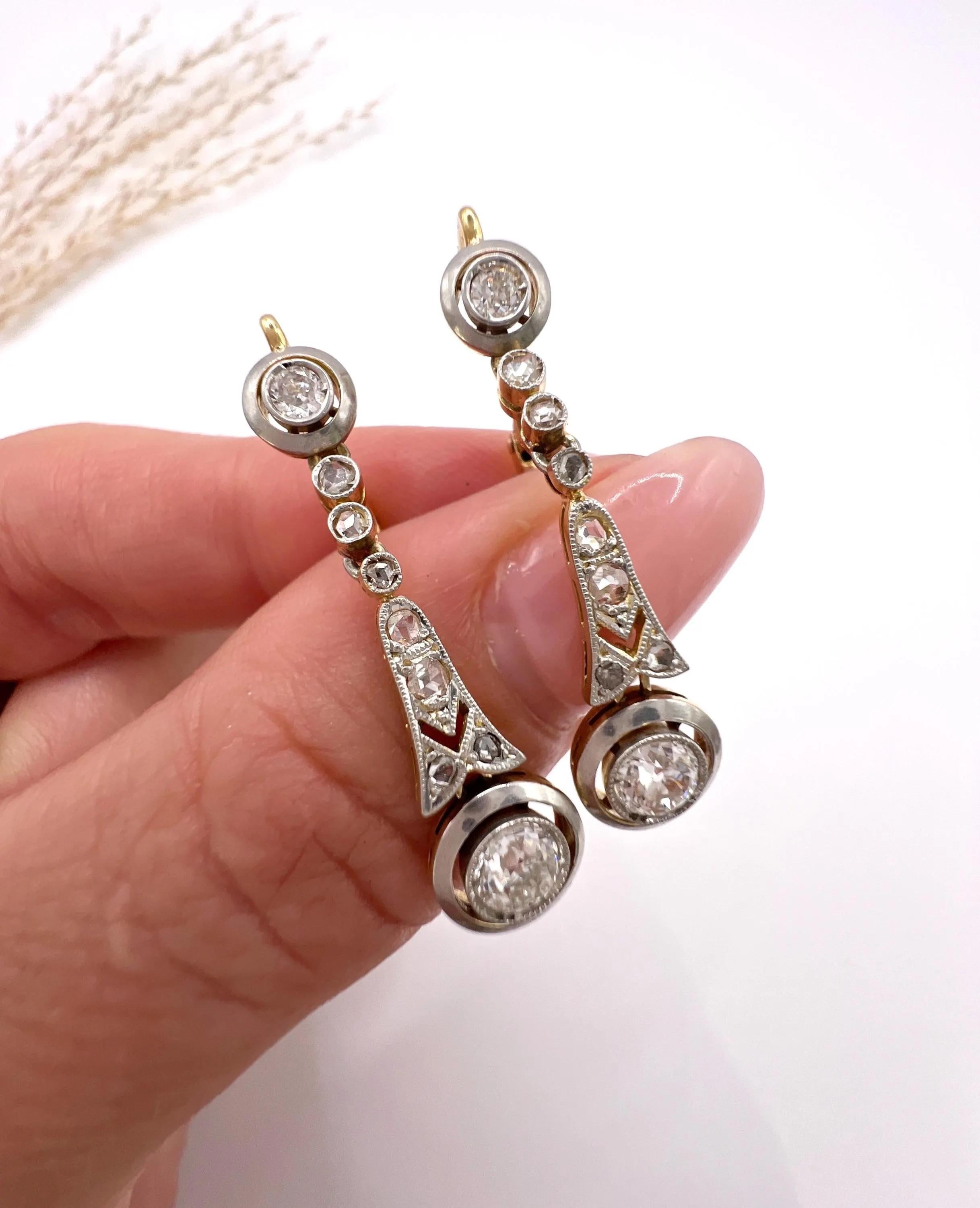 Orecchini antichi in oro 18ct e platino con diamanti edoardiani da 1,50 carati totali in vendita 4
