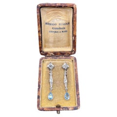 Antique 18ct Gold & Platinum, 1920s Aquamarine and Diamond Drop Earrings