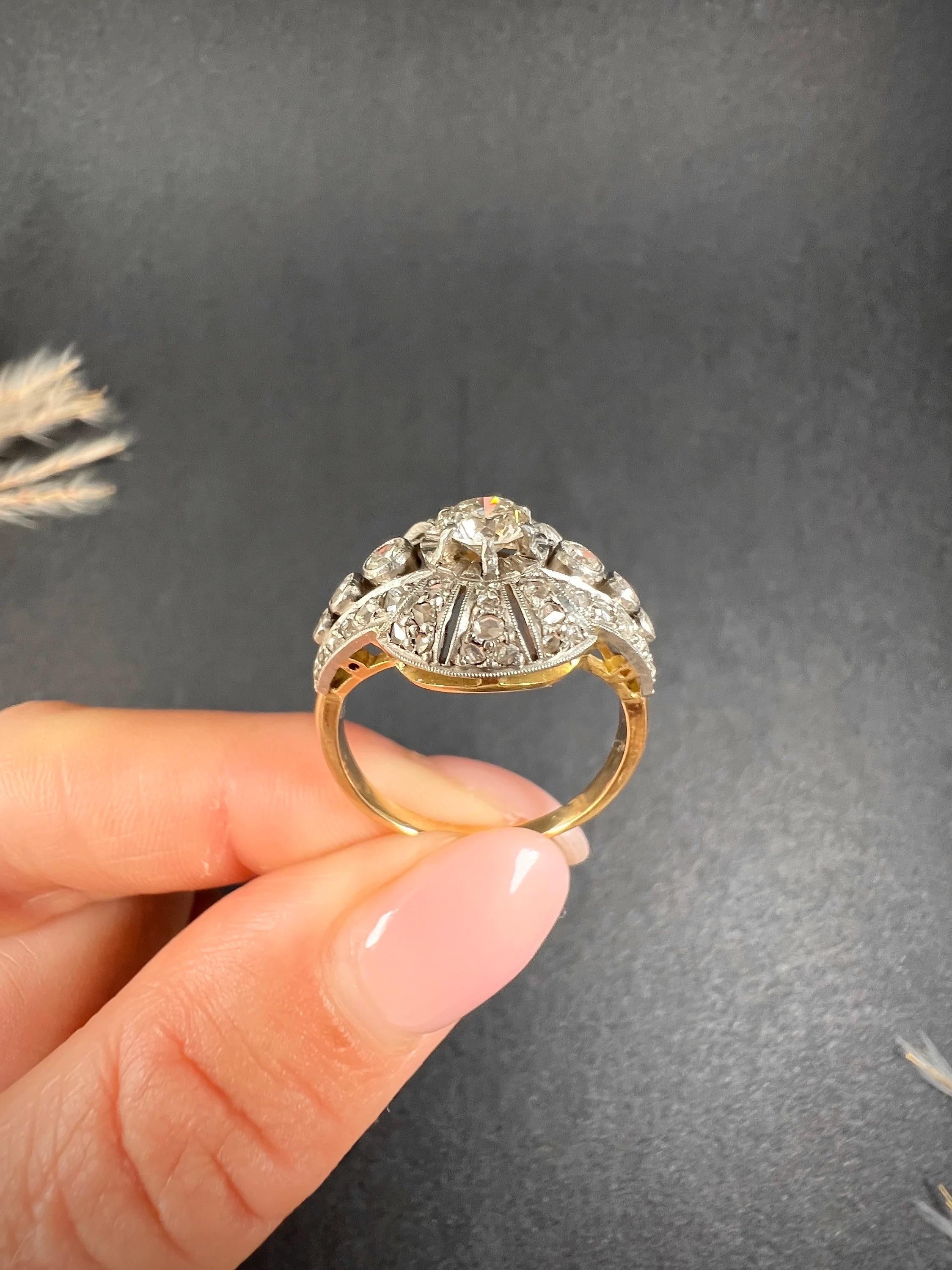 Antique 18ct Gold & Platinum, 1920s Art Deco Diamond Bombe Ring For Sale 3