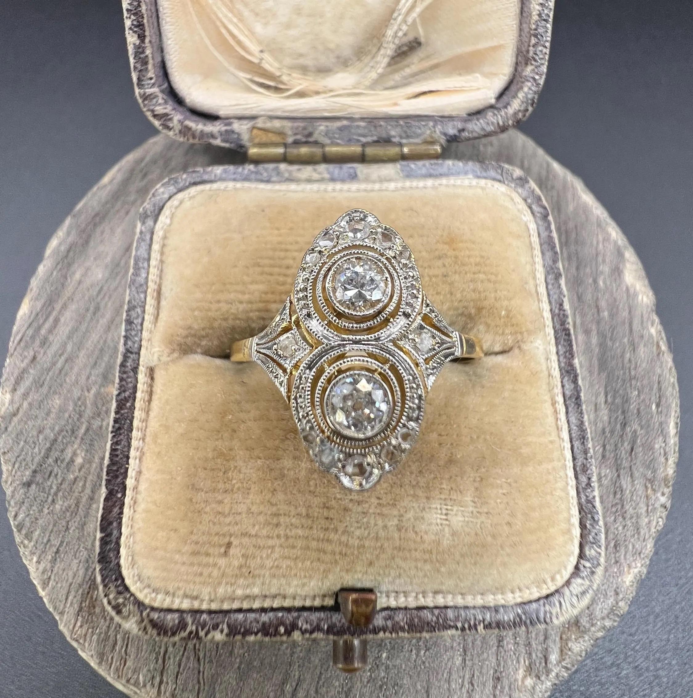 Bague ancienne en or 18ct et platine, art déco des années 1920, à double diamant et cible Bon état - En vente à Brighton, GB