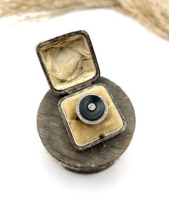 Antique 18ct Gold & Platinum, 1920s Art Deco Round Onyx and Diamond Halo Ring