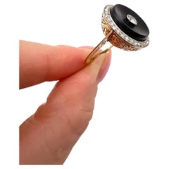 Antique 18ct Gold & Platinum, 1920s Art Deco Round Onyx and Diamond Halo Ring