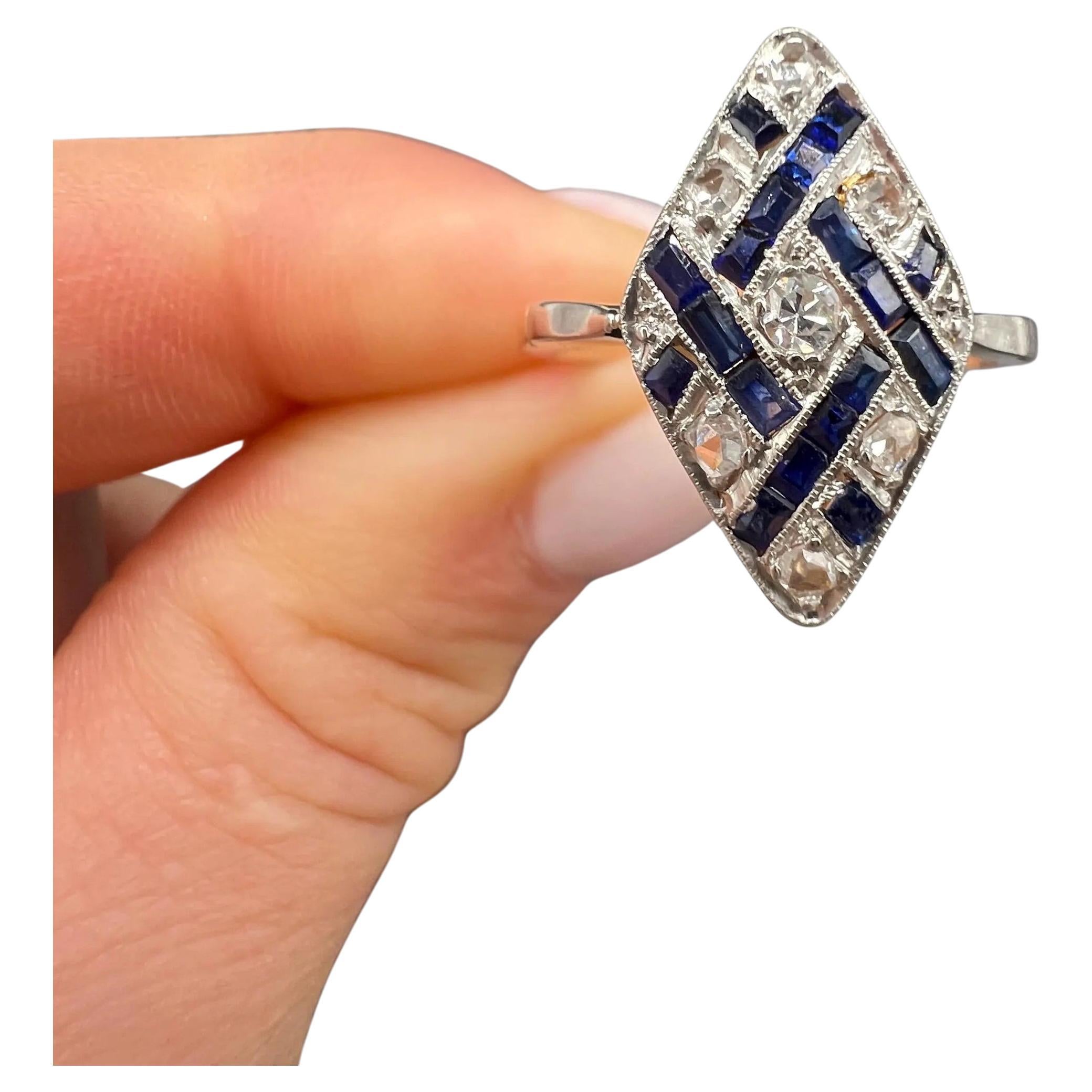 Antique 18ct Gold & Platinum, 1920s Art Deco Sapphire and Diamond Marquise Ring