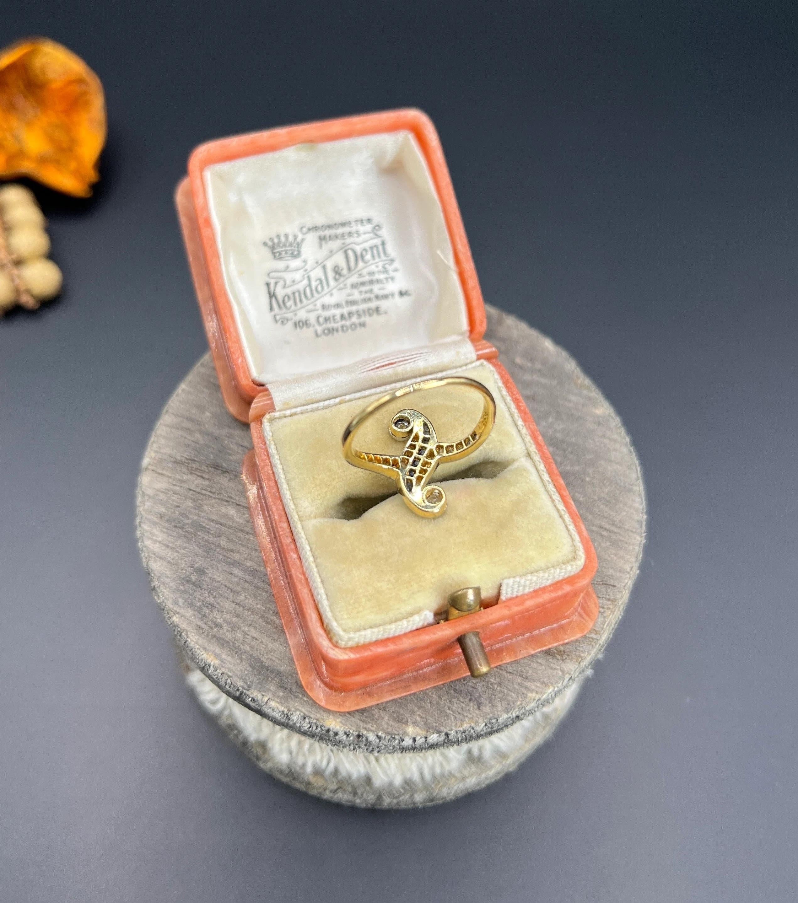 Antique 18ct Gold & Platinum 1920s Art Deco Sapphire Diamond Swirl Ring For Sale 5