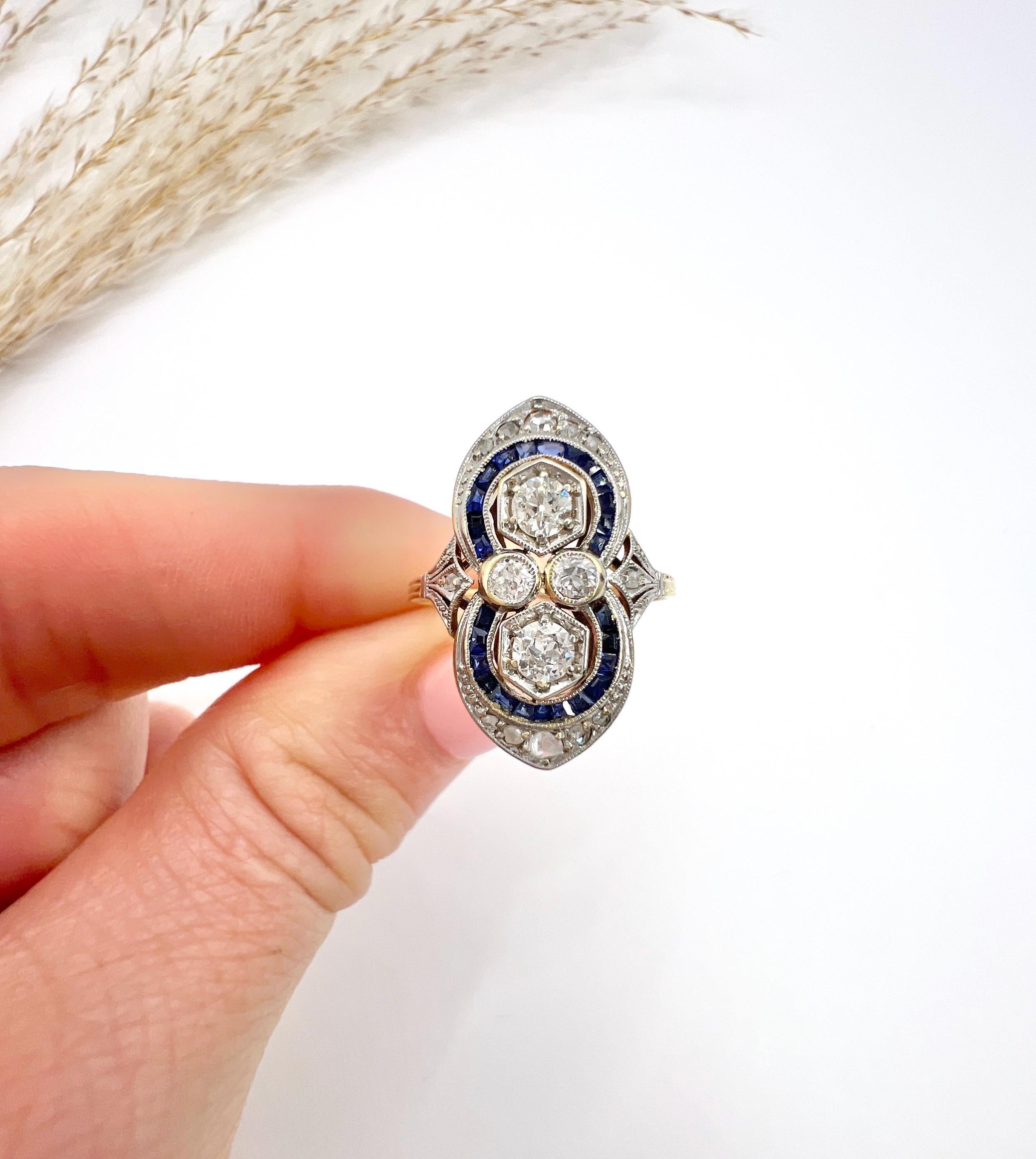 Antique 18ct Gold & Platinum, 1920s Authentic Art Deco Sapphire and Diamond Ring For Sale 5