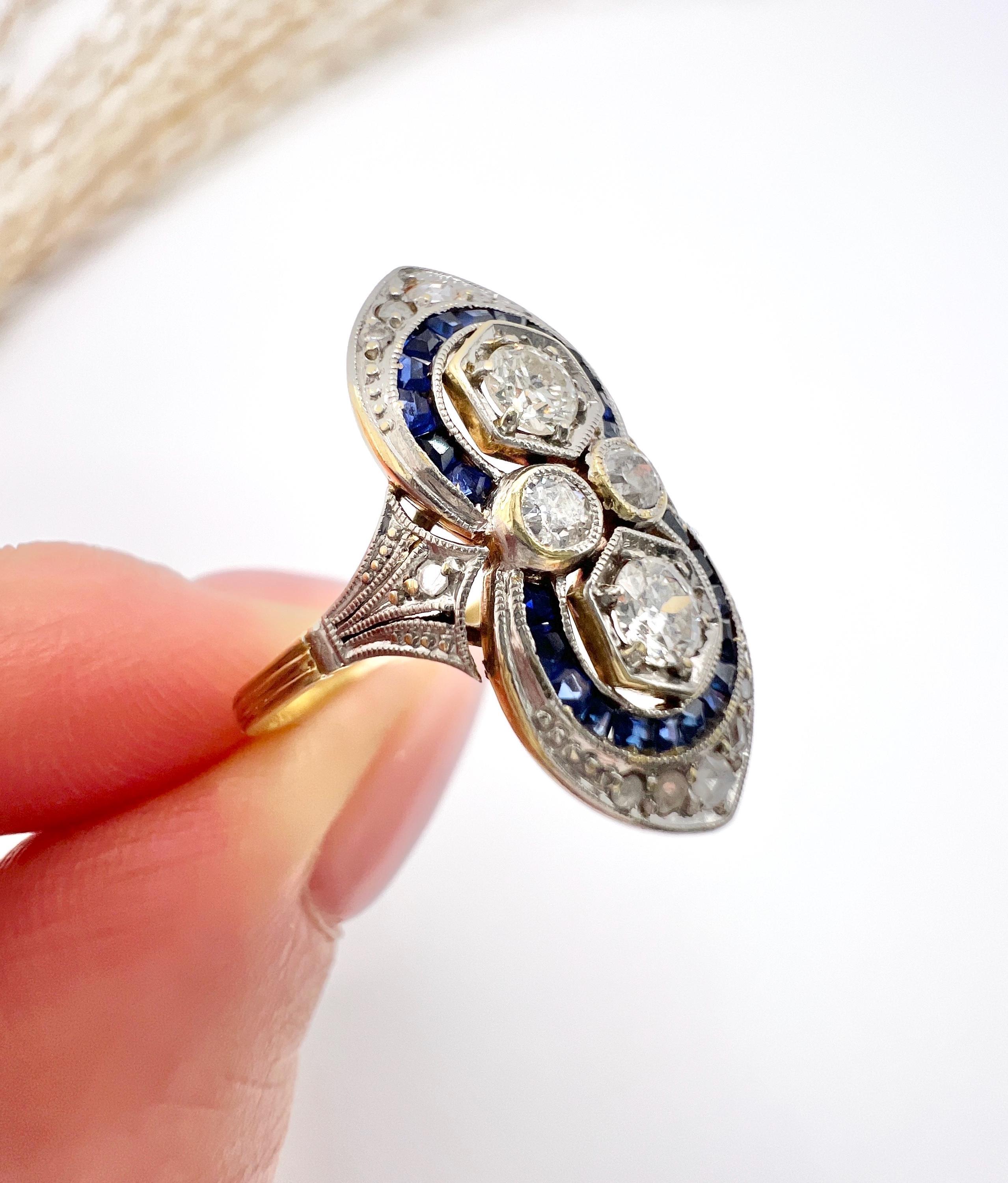 Antique 18ct Gold & Platinum, 1920s Authentic Art Deco Sapphire and Diamond Ring For Sale 6
