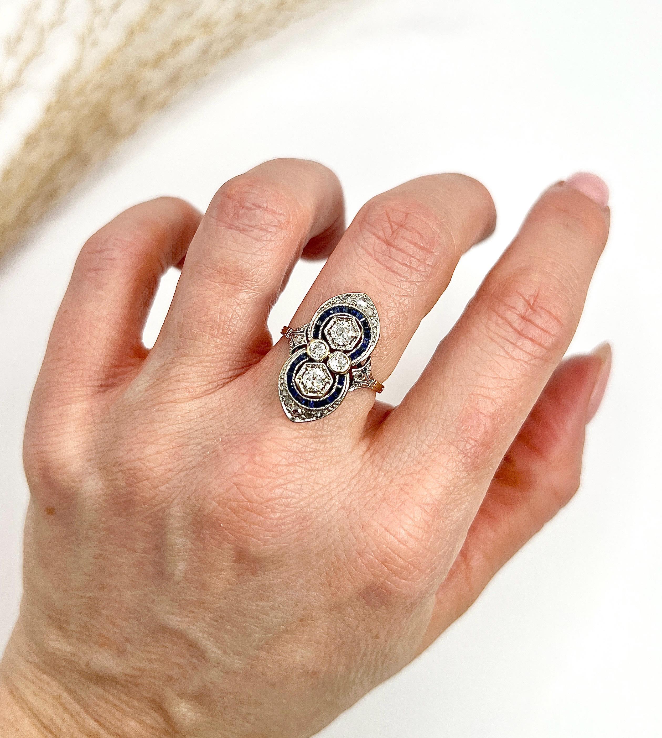Brilliant Cut Antique 18ct Gold & Platinum, 1920s Authentic Art Deco Sapphire and Diamond Ring For Sale